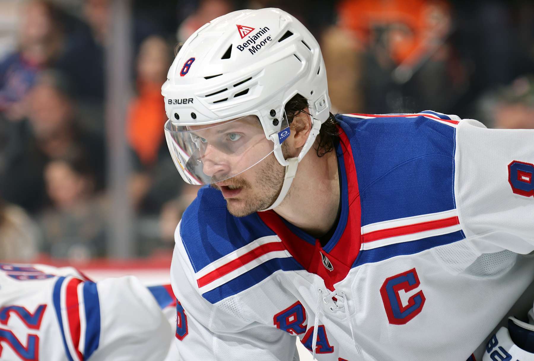 PHILADELPHIA, PENNSYLVANIA - NOVEMBER 29:  Jacob Trouba #8 of the New York Rangers looks on against the Philadelphia Flyers at the Wells Fargo Center on November 29, 2024 in Philadelphia, Pennsylvania.  (Photo by Len Redkoles/NHLI via Getty Images)