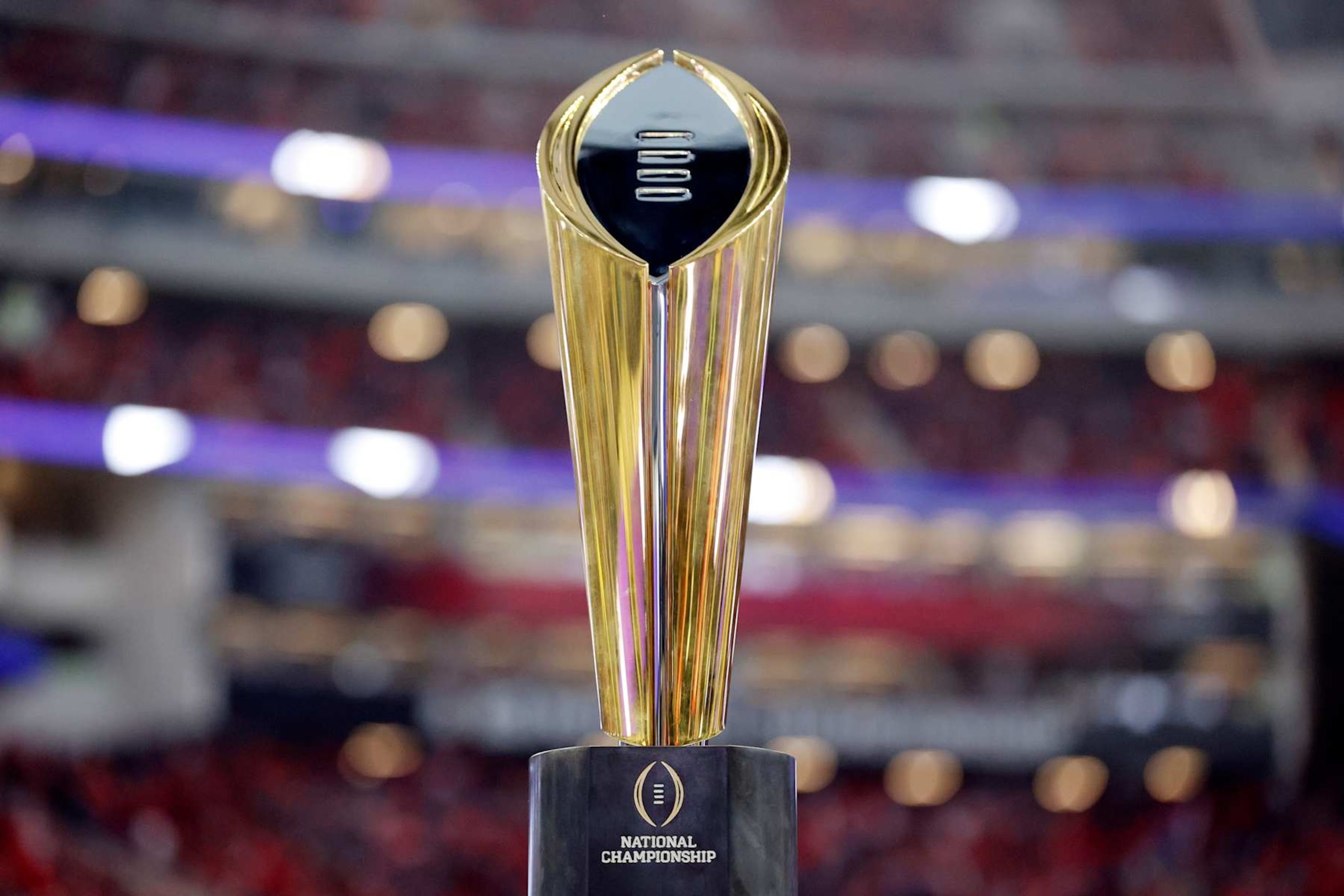 INGLEWOOD, CALIFORNIA - JANUARY 09: The College Football Playoff National Championship trophy is displayed on the field before the College Football Playoff National Championship game between the Georgia Bulldogs and the TCU Horned Frogs at SoFi Stadium on January 09, 2023 in Inglewood, California. (Photo by Steph Chambers/Getty Images)