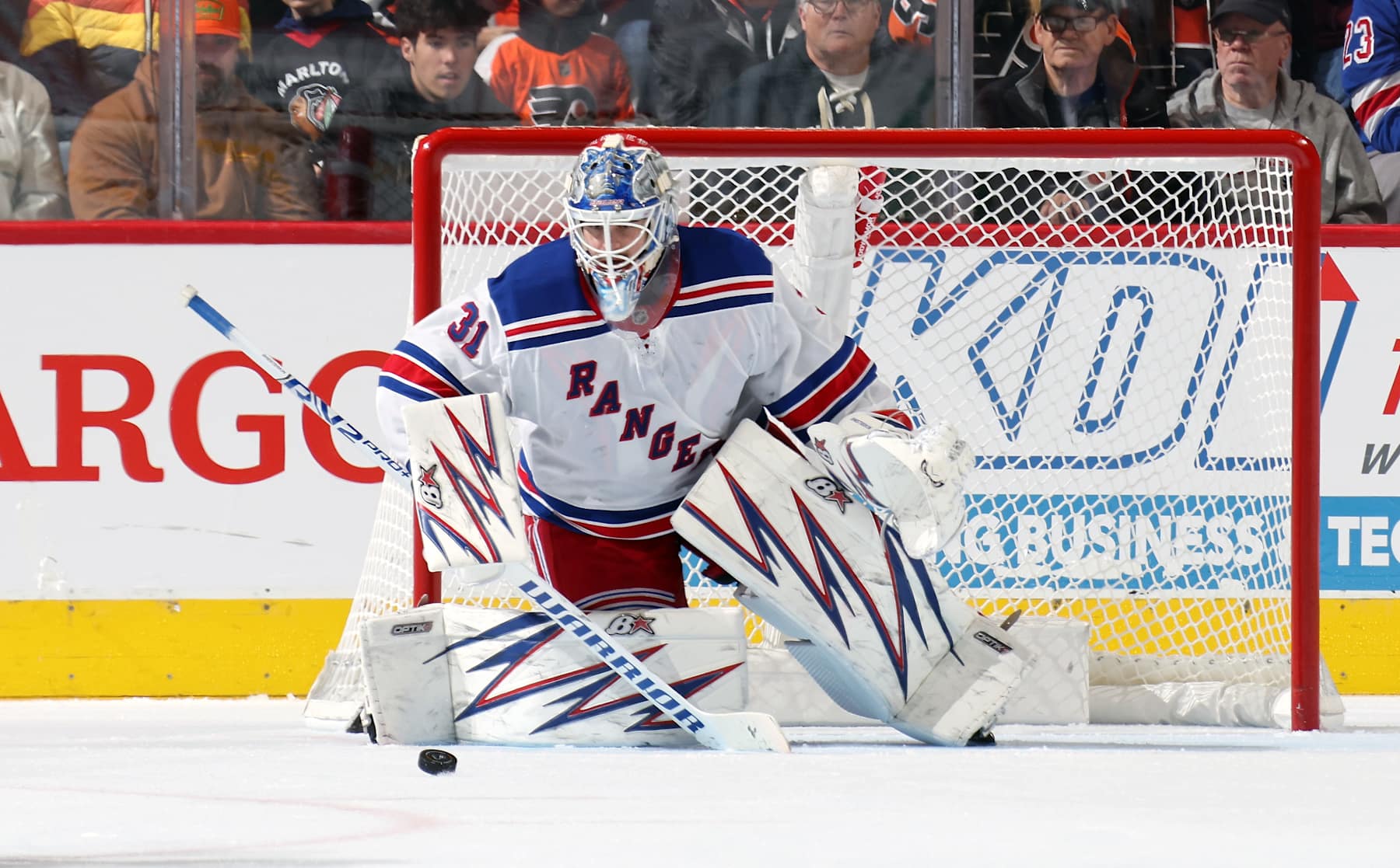 PHILADELPHIA, PENNSYLVANIA - NOVEMBER 29:  Igor Shesterkin #31 of the New York Rangers reacts to the loose puck against the Philadelphia Flyers at the Wells Fargo Center on November 29, 2024 in Philadelphia, Pennsylvania.  (Photo by Len Redkoles/NHLI via Getty Images)