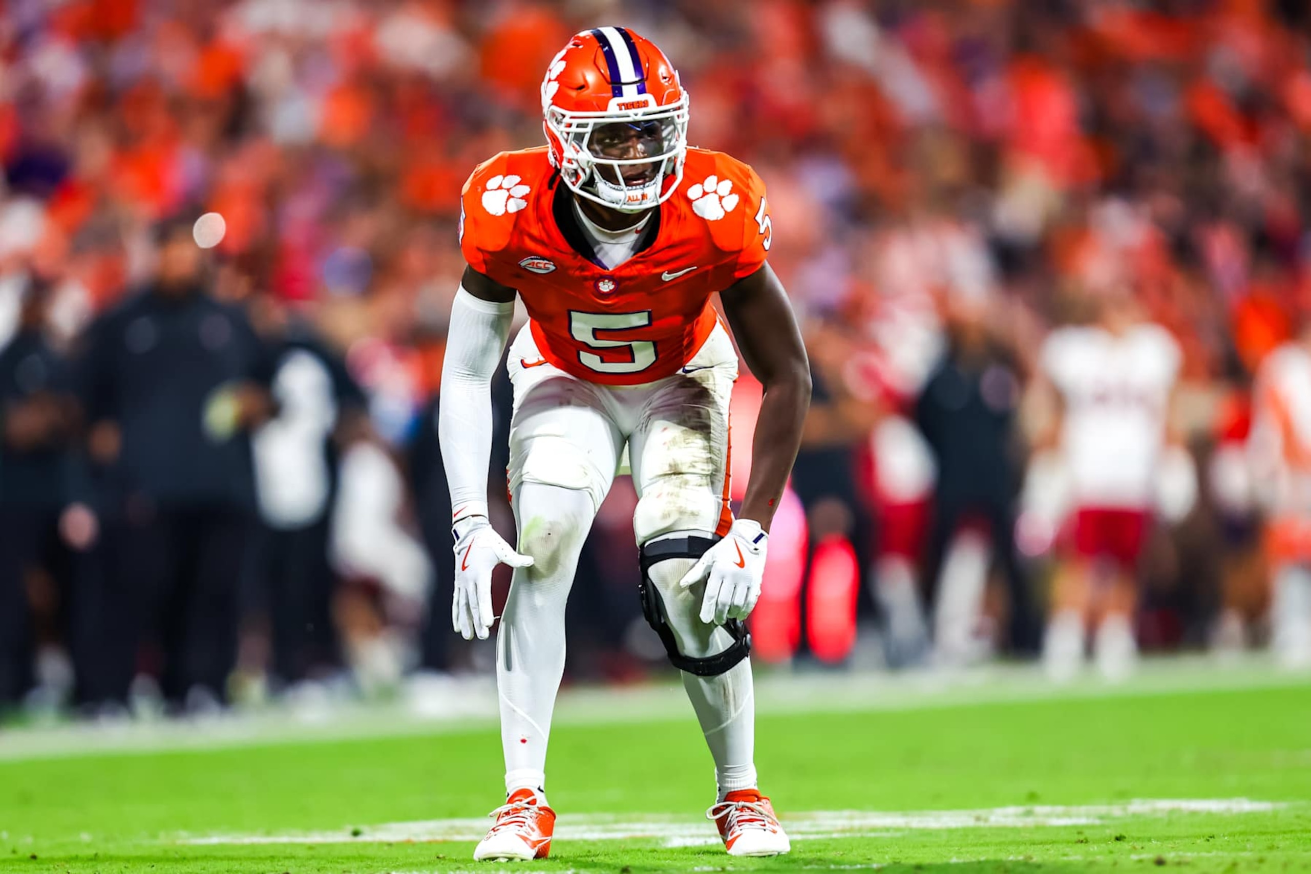 CLEMSON, SOUTH CAROLINA - SEPTEMBER 28: Sherrod Covil Jr. #5 of the Clemson Tigers plays defense during the first half of a football game against the Stanford Cardinal at Memorial Stadium on September 28, 2024 in Clemson, South Carolina. (Photo by David Jensen/Getty Images)