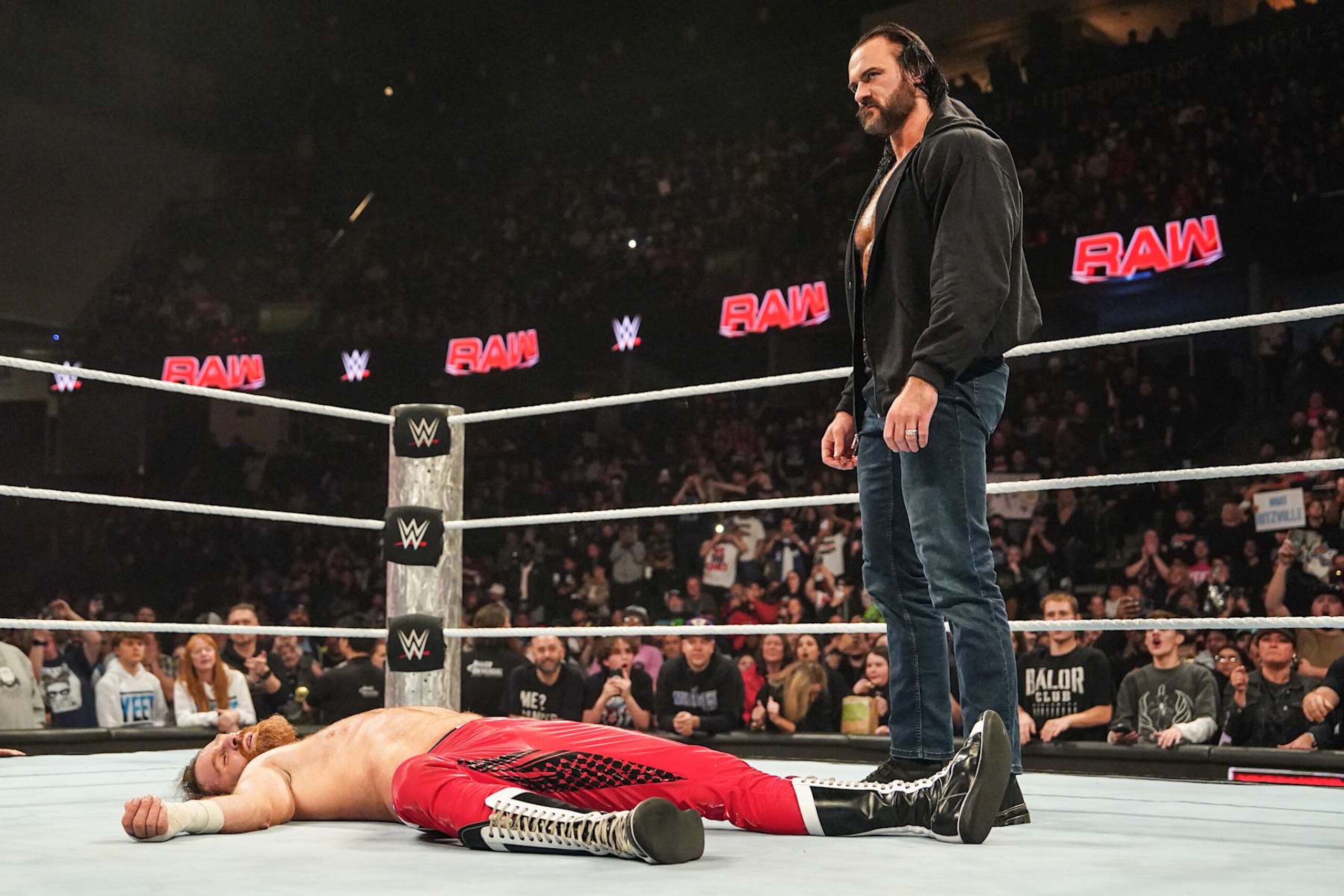 EVERETT, WASHINGTON - DECEMBER 2: Drew McIntyre looks on during Monday Night RAW at Angel of the Winds Arena on December 2, 2024 in Everett, Washington.  (Photo by WWE/Getty Images)