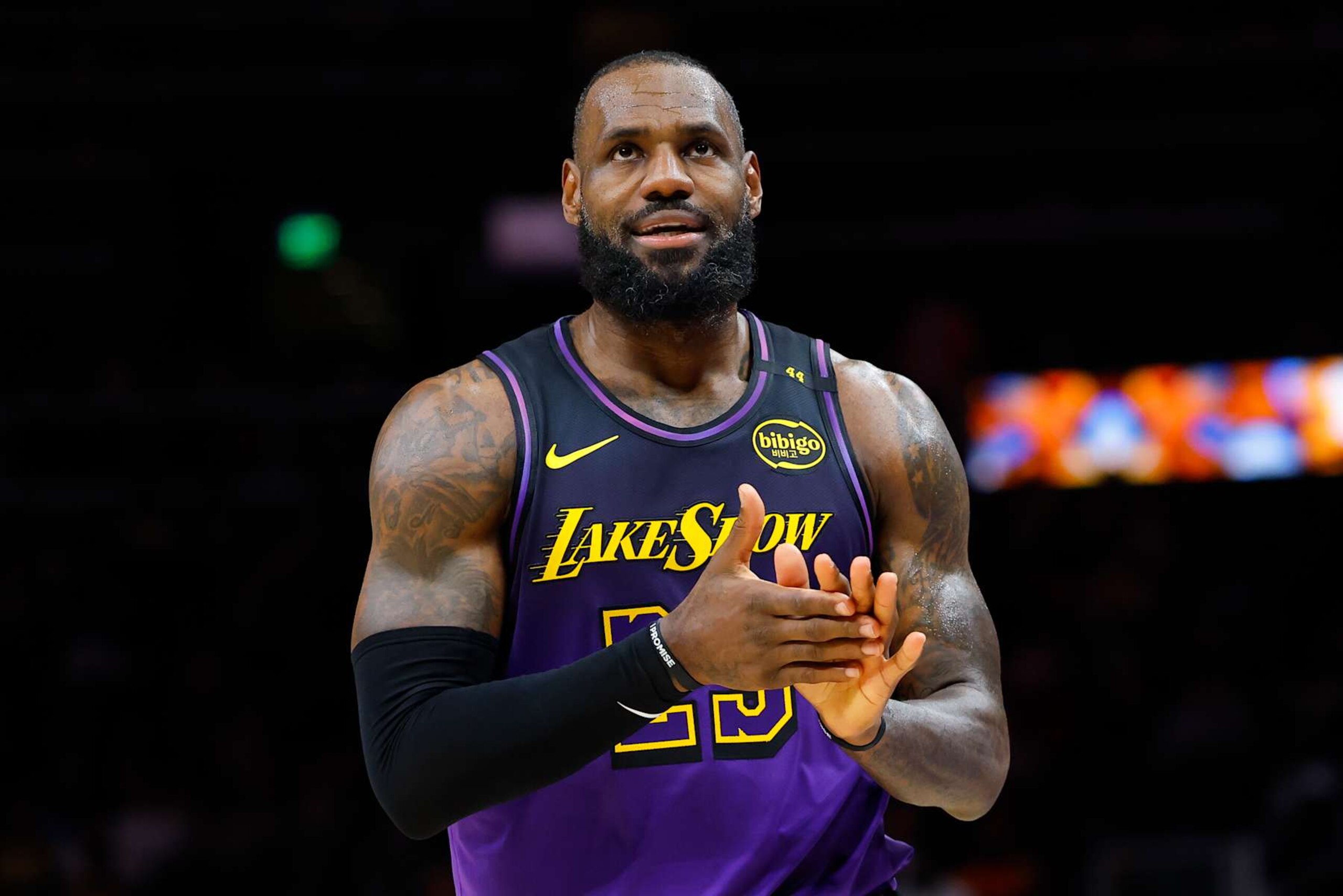 ATLANTA, GEORGIA - DECEMBER 6: LeBron James #23 of the Los Angeles Lakers reacts during the second quarter against the Atlanta Hawks at State Farm Arena on December 6, 2024 in Atlanta, Georgia. NOTE TO USER: User expressly acknowledges and agrees that, by downloading and or using this photograph, User is consenting to the terms and conditions of the Getty Images License Agreement. (Photo by Todd Kirkland/Getty Images)