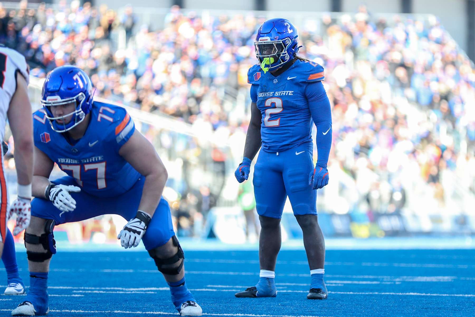 BOISE, ID - NOVEMBER 29: Running back Ashton Jeanty #2 of the Boise State Broncos stands ready for the start of the play during the second half against the Oregon State Beavers at Albertsons Stadium on November 29, 2024 in Boise, Idaho. Boise State won the game 34-18. (Photo by Loren Orr/Getty Images)