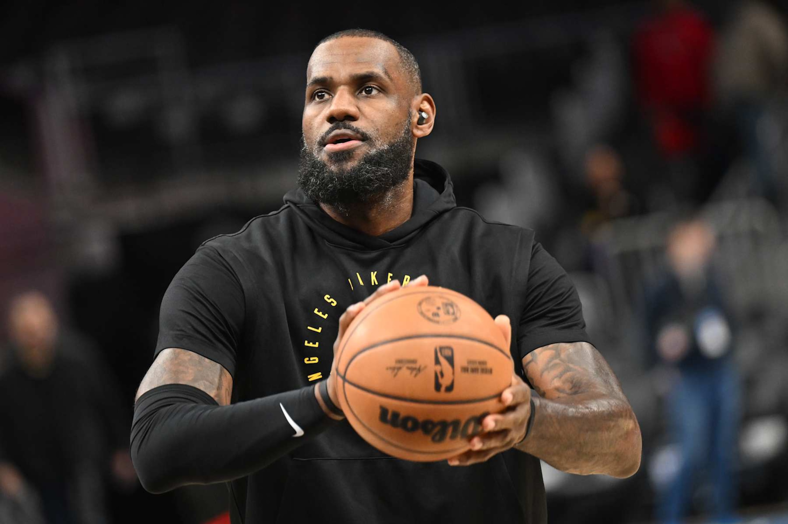 ATLANTA, GEORGIA - DECEMBER 6: LeBron James #23 of the Los Angeles Lakers warms up before the game against the Atlanta Hawks on December 6, 2024 at State Farm Arena in Atlanta, Georgia. NOTE TO USER: User expressly acknowledges and agrees that, by downloading and/or using this photograph, user is consenting to the terms and conditions of the Getty Images License Agreement.  (Photo by Paras Griffin/Getty Images)