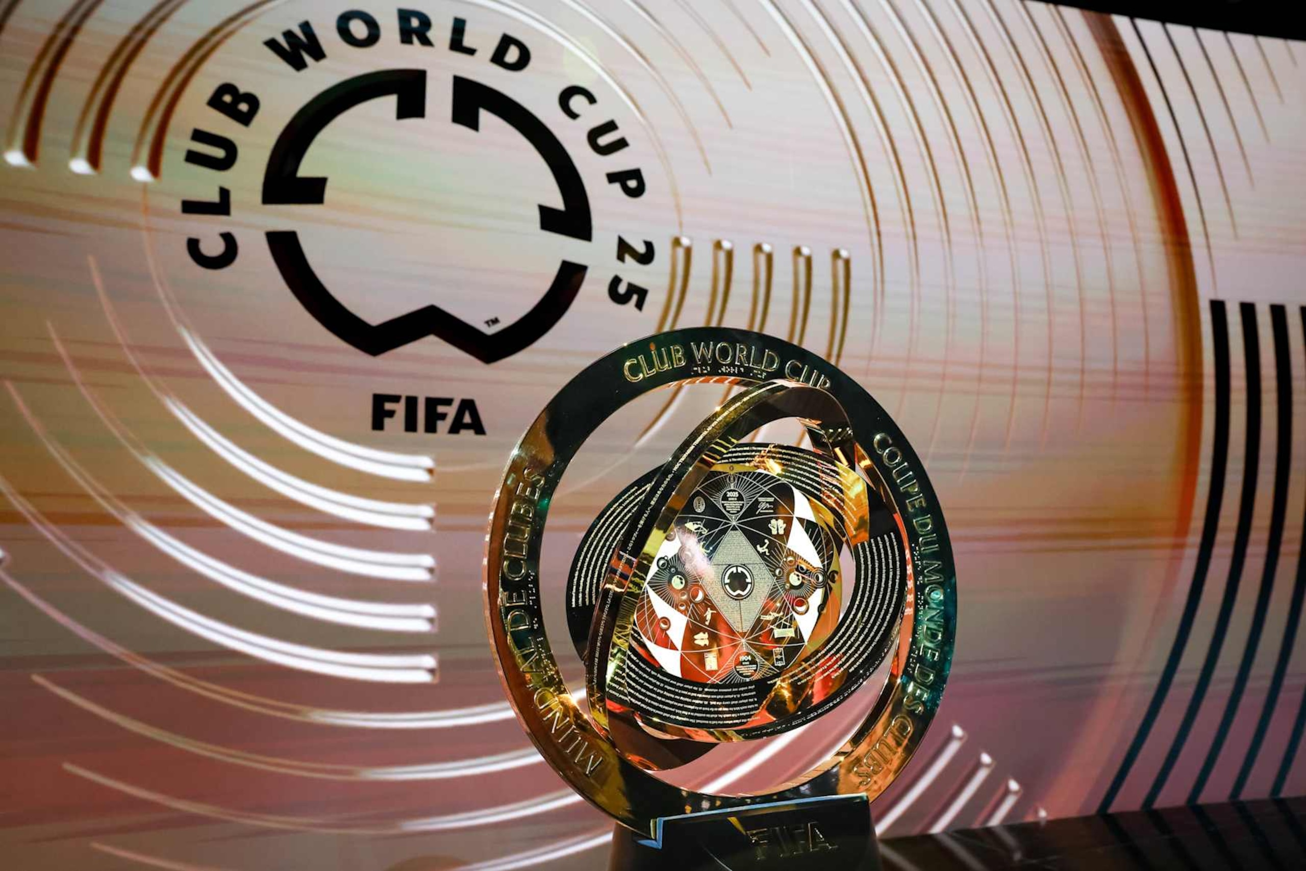 MIAMI, FLORIDA - DECEMBER 5: A view of the FIFA Club World Cup 2025 Trophy during the FIFA Club World Cup 2025 Draw Ceremony on December 5, 2024 in Miami, Florida. (Photo by Marco Bello - FIFA/FIFA via Getty Images)