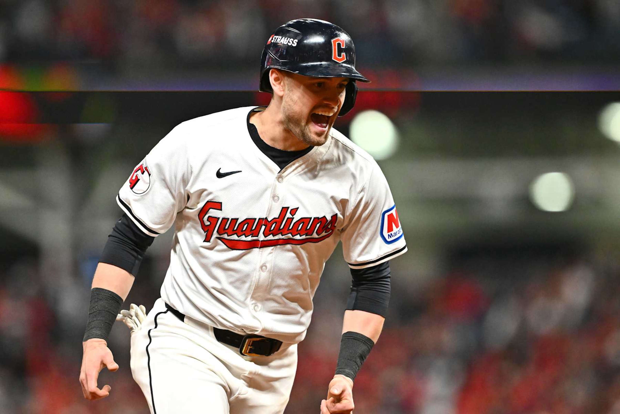 CLEVELAND, OHIO - OCTOBER 17: Lane Thomas #8 of the Cleveland Guardians reacts after a two run home run by Jhonkensy Noel #43 during the ninth inning against the New York Yankees during Game Three of the American League Championship Series at Progressive Field on October 17, 2024 in Cleveland, Ohio. (Photo by Jason Miller/Getty Images) CLEVELAND, OHIO - OCTOBER 17: Lane Thomas #8 of the Cleveland Guardians reacts after a two run home run by Jhonkensy Noel #43 during the ninth inning against the New York Yankees during Game Three of the American League Championship Series at Progressive Field on October 17, 2024 in Cleveland, Ohio. (Photo by Jason Miller/Getty Images)