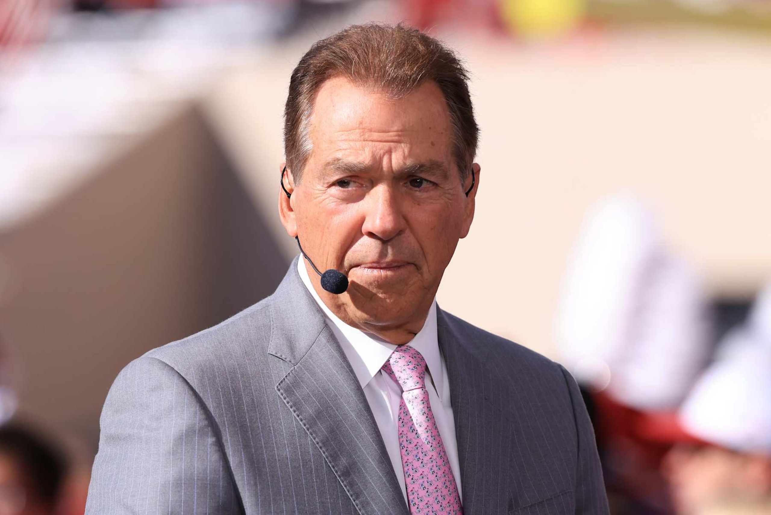BLOOMINGTON, INDIANA - OCTOBER 26: Nick Saban, ESPN GameDay commentator, looks on prior to the game between the Indiana Hoosiers and the Washington Huskies at Memorial Stadium on October 26, 2024 in Bloomington, Indiana. (Photo by Justin Casterline/Getty Images)