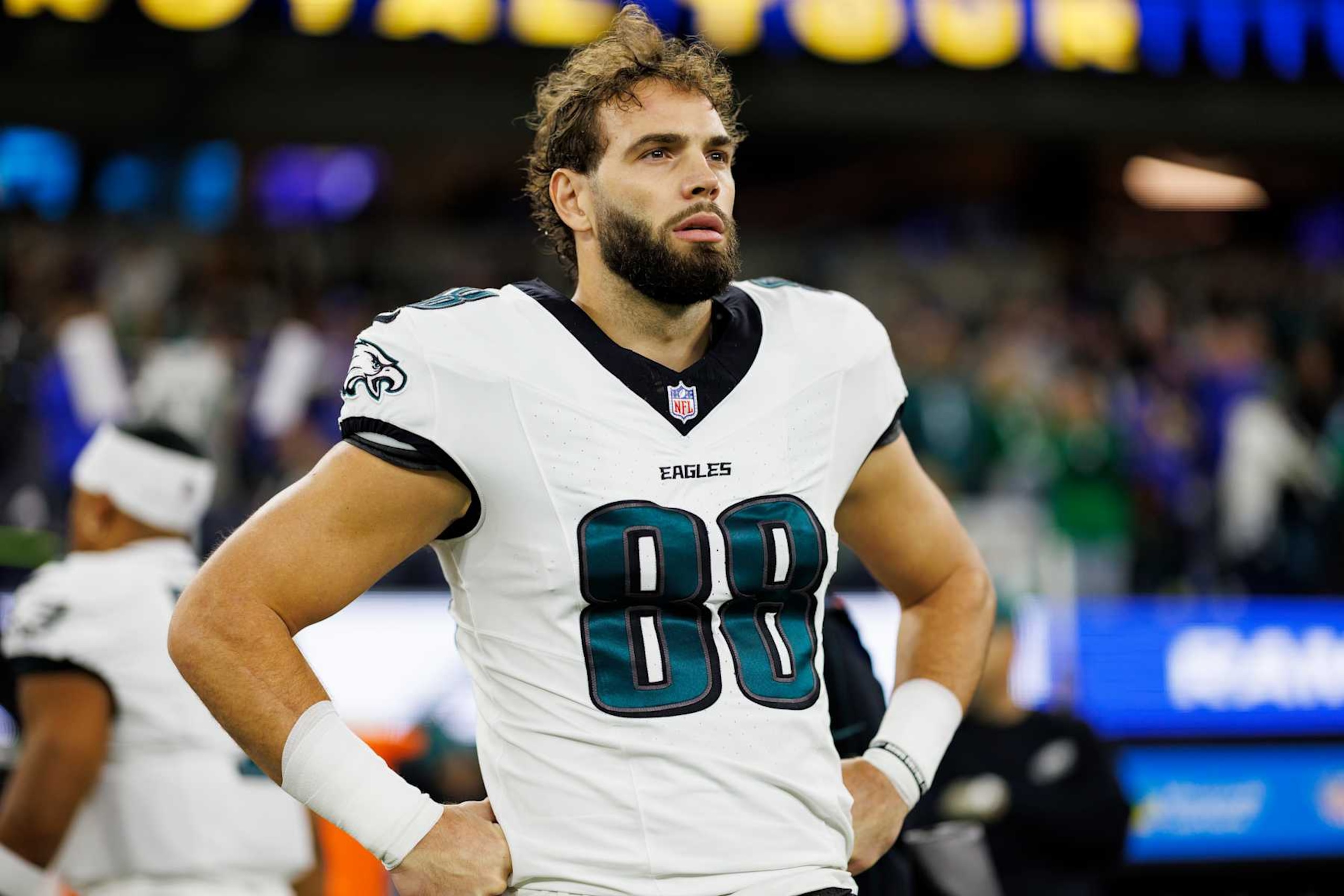 INGLEWOOD, CALIFORNIA - NOVEMBER 24: Tight end Dallas Goedert #88 of the Philadelphia Eagles stands on the sidelines prior to an NFL football game against the Los Angeles Rams, at SoFi Stadium on November 24, 2024 in Inglewood, California. (Photo by Brooke Sutton/Getty Images)