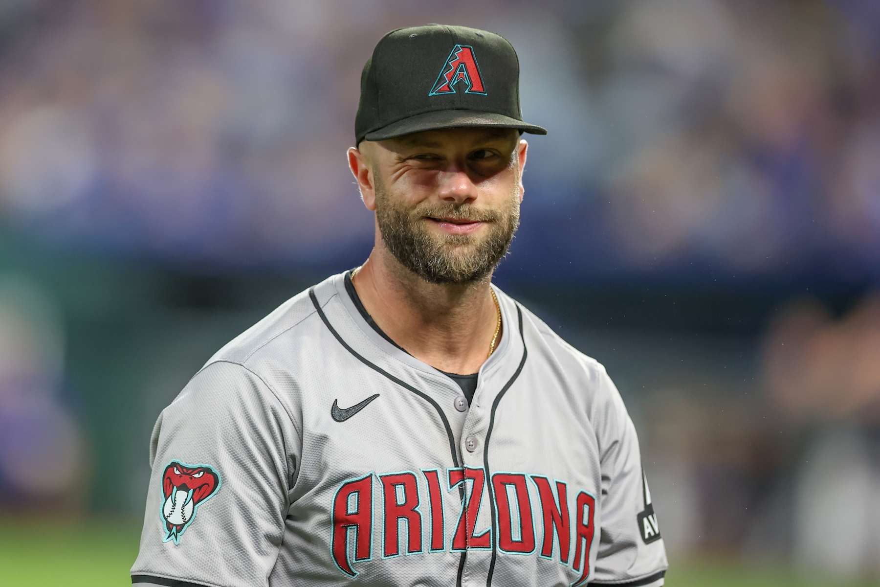 KANSAS CITY, MO - JULY 23: Arizona Diamondbacks first base Christian Walker (53) smiles during ian MLB game between the Arizona Diamondbacks and Kansas City Royals on July 23, 2024 at Kauffman Stadium in Kansas City,  MO. (Photo by Scott Winters/Icon Sportswire via Getty Images)