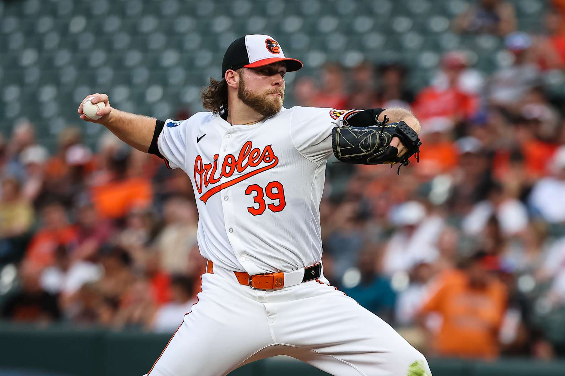 BALTIMORE, MD - JULY 10: Corbin Burnes #39 of the Baltimore Orioles pitches against the Chicago Cubs in the second inning at Oriole Park at Camden Yards on July 10, 2024 in Baltimore, Maryland. (Photo by Scott Taetsch/Getty Images)
