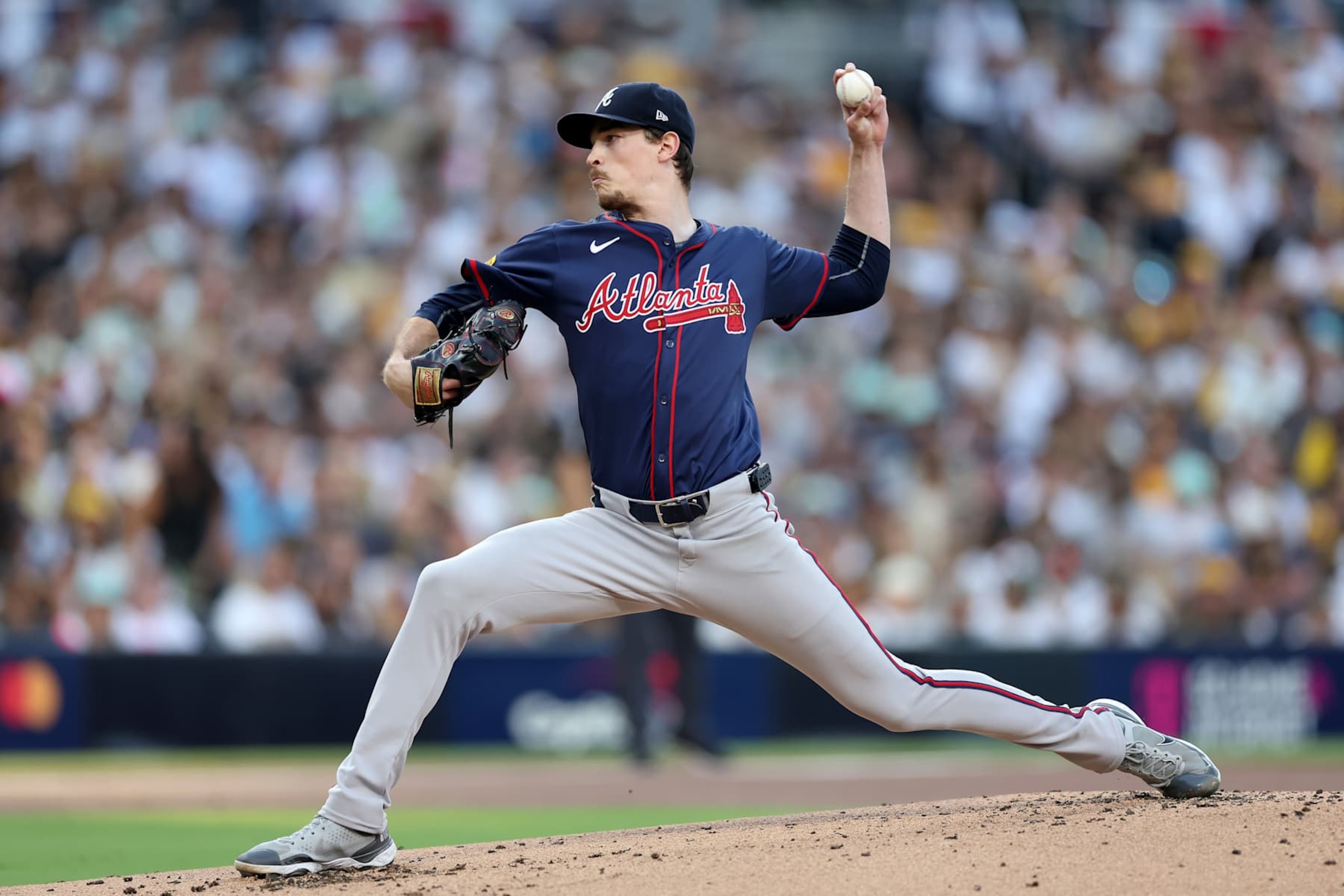 SAN DIEGO, CALIFORNIA - OCTOBER 02: Max Fried #54 of the Atlanta Braves throws a pitch against the San Diego Padres during the first inning in Game Two of the Wild Card Series at Petco Park on October 02, 2024 in San Diego, California.  (Photo by Sean M. Haffey/Getty Images)
