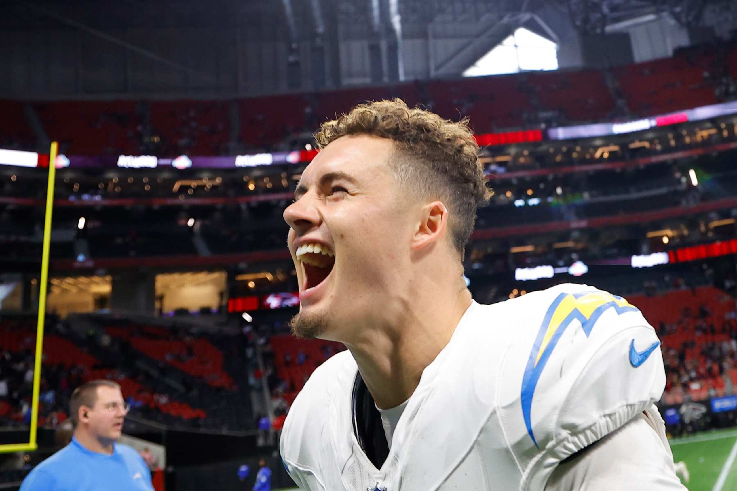 ATLANTA, GEORGIA - DECEMBER 01: Ladd McConkey #15 of the Los Angeles Chargers celebrates after the Chargers defeated the Atlanta Falcons 17-13 at Mercedes-Benz Stadium on December 01, 2024 in Atlanta, Georgia. (Photo by Todd Kirkland/Getty Images)