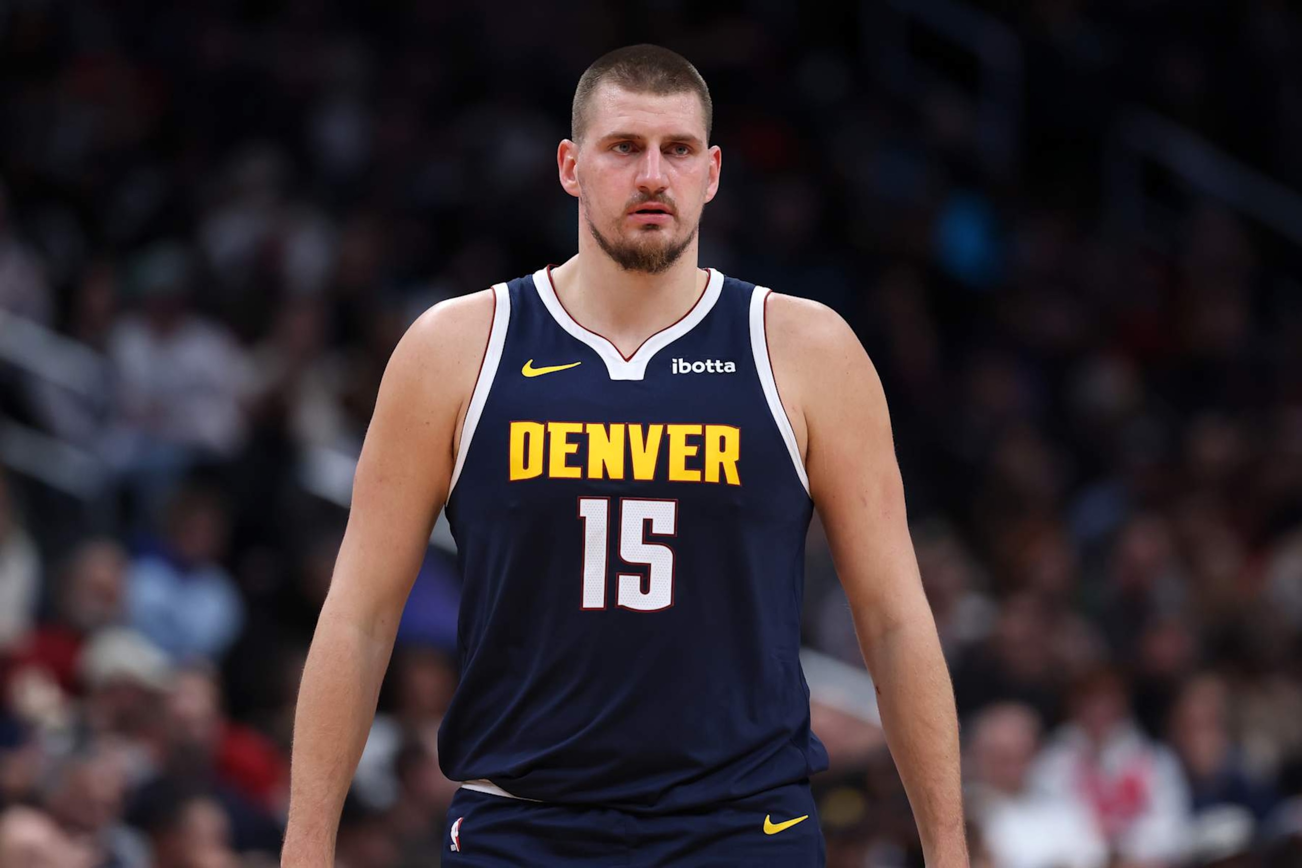 WASHINGTON, DC - DECEMBER 07: Nikola Jokic #15 of the Denver Nuggets looks on against the Washington Wizards during the first half at Capital One Arena on December 7, 2024 in Washington, DC. NOTE TO USER: User expressly acknowledges and agrees that, by downloading and or using this photograph, User is consenting to the terms and conditions of the Getty Images License Agreement. (Photo by Patrick Smith/Getty Images) WASHINGTON, DC - DECEMBER 07: Nikola Jokic #15 of the Denver Nuggets looks on against the Washington Wizards during the first half at Capital One Arena on December 7, 2024 in Washington, DC. NOTE TO USER: User expressly acknowledges and agrees that, by downloading and or using this photograph, User is consenting to the terms and conditions of the Getty Images License Agreement. (Photo by Patrick Smith/Getty Images)