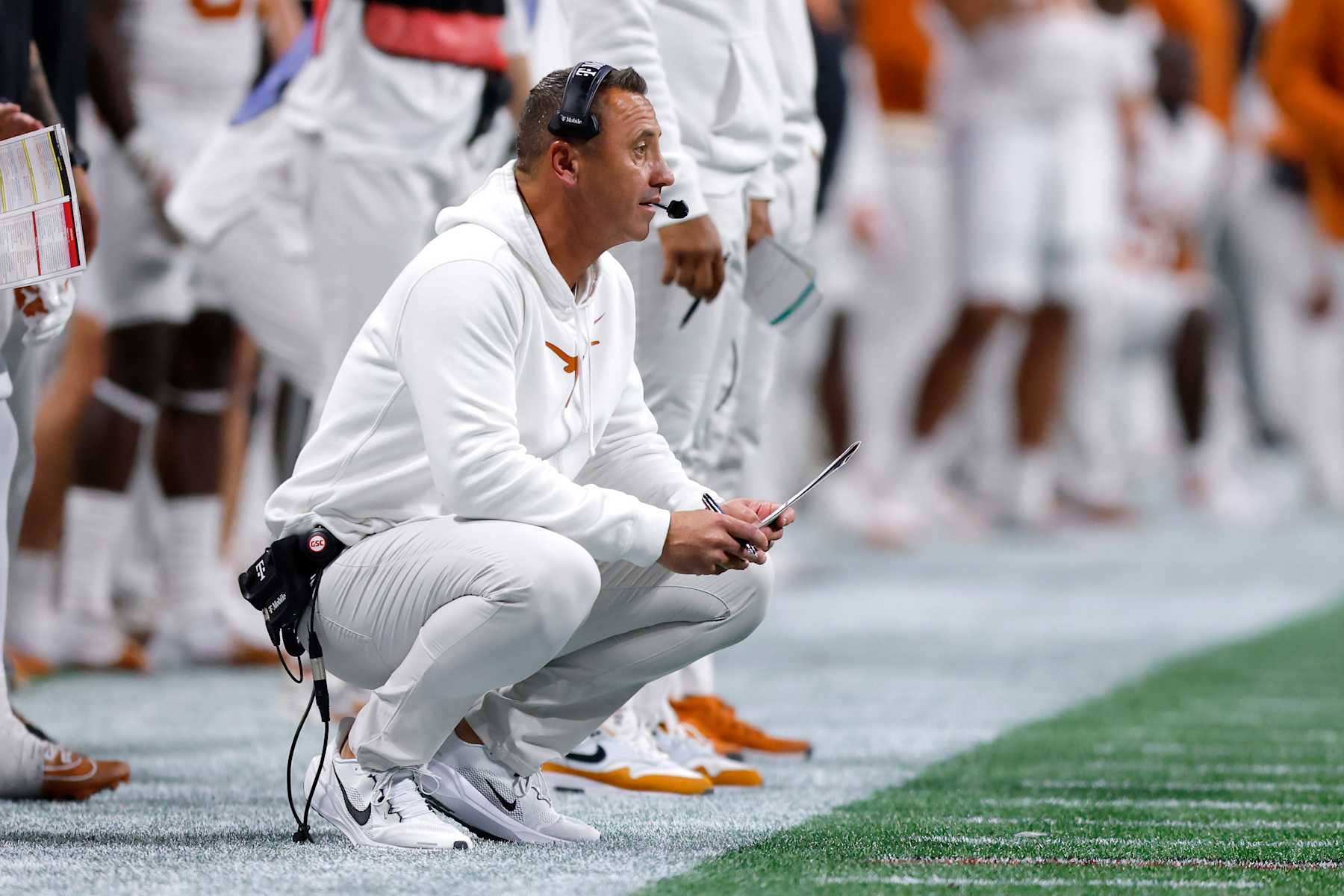 ATLANTA, GEORGIA - DECEMBER 07: Head coach Steve Sarkisian of the Texas Longhorns looks on against the Georgia Bulldogs during overtime of the 2024 SEC Championship at Mercedes-Benz Stadium on December 07, 2024 in Atlanta, Georgia. (Photo by Todd Kirkland/Getty Images)
