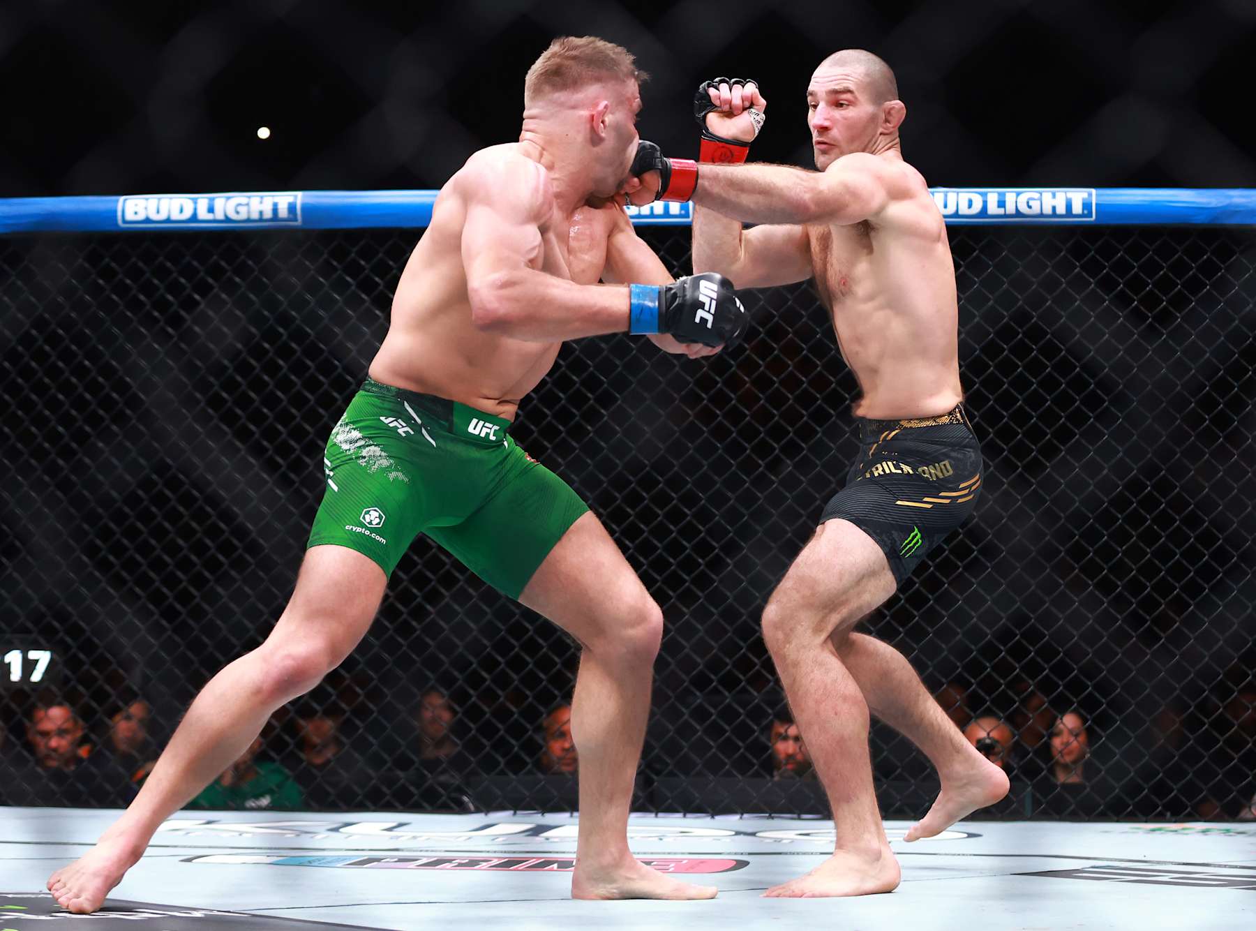 TORONTO, ON - JANUARY 20:  Sean Strickland of the United States fights against Dricus Du Plessis of South Africa in a middleweight title bout during the UFC 297 event at Scotiabank Arena on January 20, 2024 in Toronto, Ontario, Canada.  (Photo by Vaughn Ridley/Getty Images)