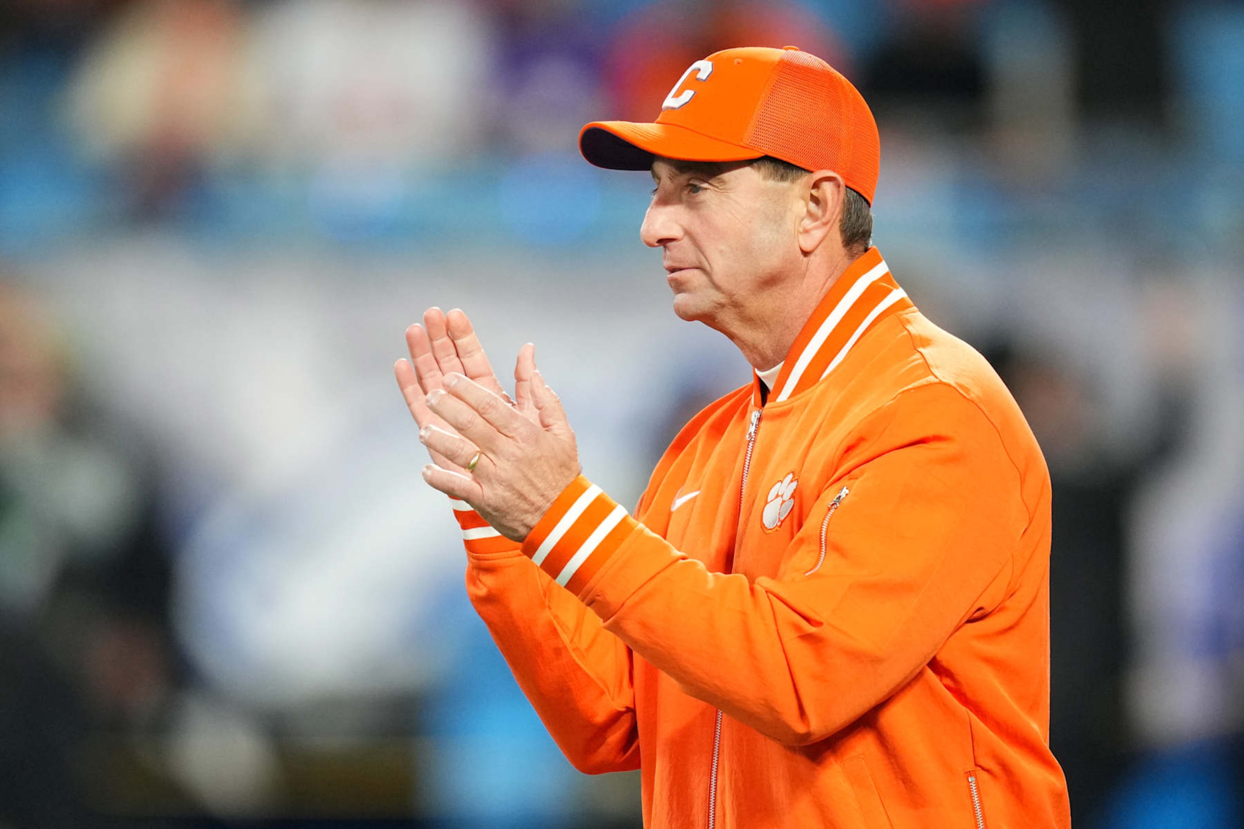 CHARLOTTE, NORTH CAROLINA - DECEMBER 07: Head coach Dabo Swinney of the Clemson Tigers reacts before the 2024 ACC Football Championship at Bank of America Stadium on December 07, 2024 in Charlotte, North Carolina. (Photo by Grant Halverson/Getty Images)