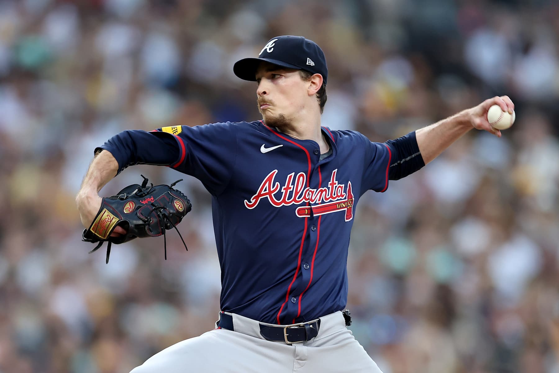 SAN DIEGO, CALIFORNIA - OCTOBER 02: Max Fried #54 of the Atlanta Braves throws a pitch against the San Diego Padres during the second inning in Game Two of the Wild Card Series at Petco Park on October 02, 2024 in San Diego, California.  (Photo by Sean M. Haffey/Getty Images)