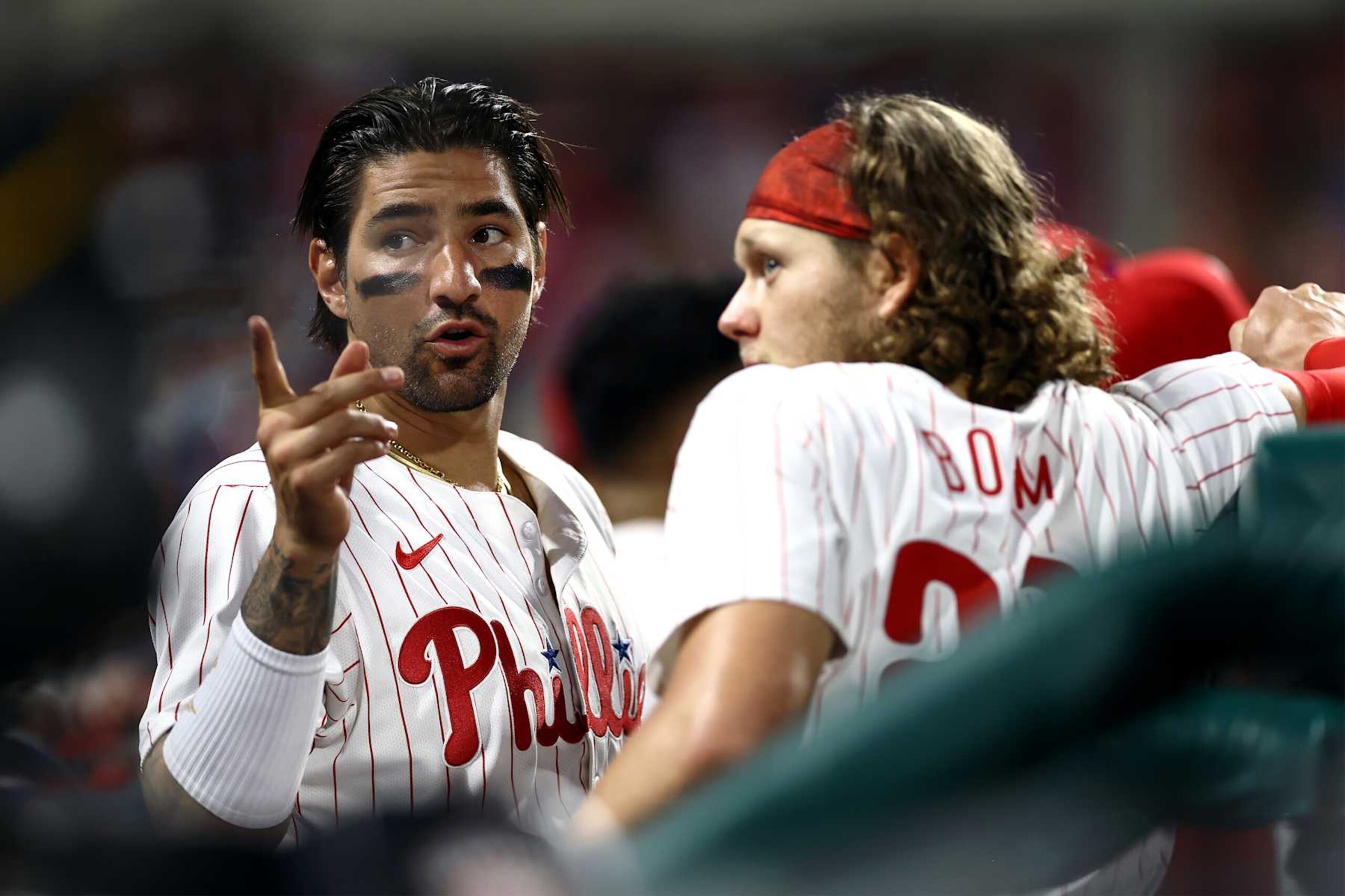 PHILADELPHIA, PENNSYLVANIA - MAY 21: Nick Castellanos #8 and Alec Bohm #28 of the Philadelphia Phillies during the seventh inning against the Texas Rangers at Citizens Bank Park on May 21, 2024 in Philadelphia, Pennsylvania. (Photo by Tim Nwachukwu/Getty Images) PHILADELPHIA, PENNSYLVANIA - MAY 21: Nick Castellanos #8 and Alec Bohm #28 of the Philadelphia Phillies during the seventh inning against the Texas Rangers at Citizens Bank Park on May 21, 2024 in Philadelphia, Pennsylvania. (Photo by Tim Nwachukwu/Getty Images)