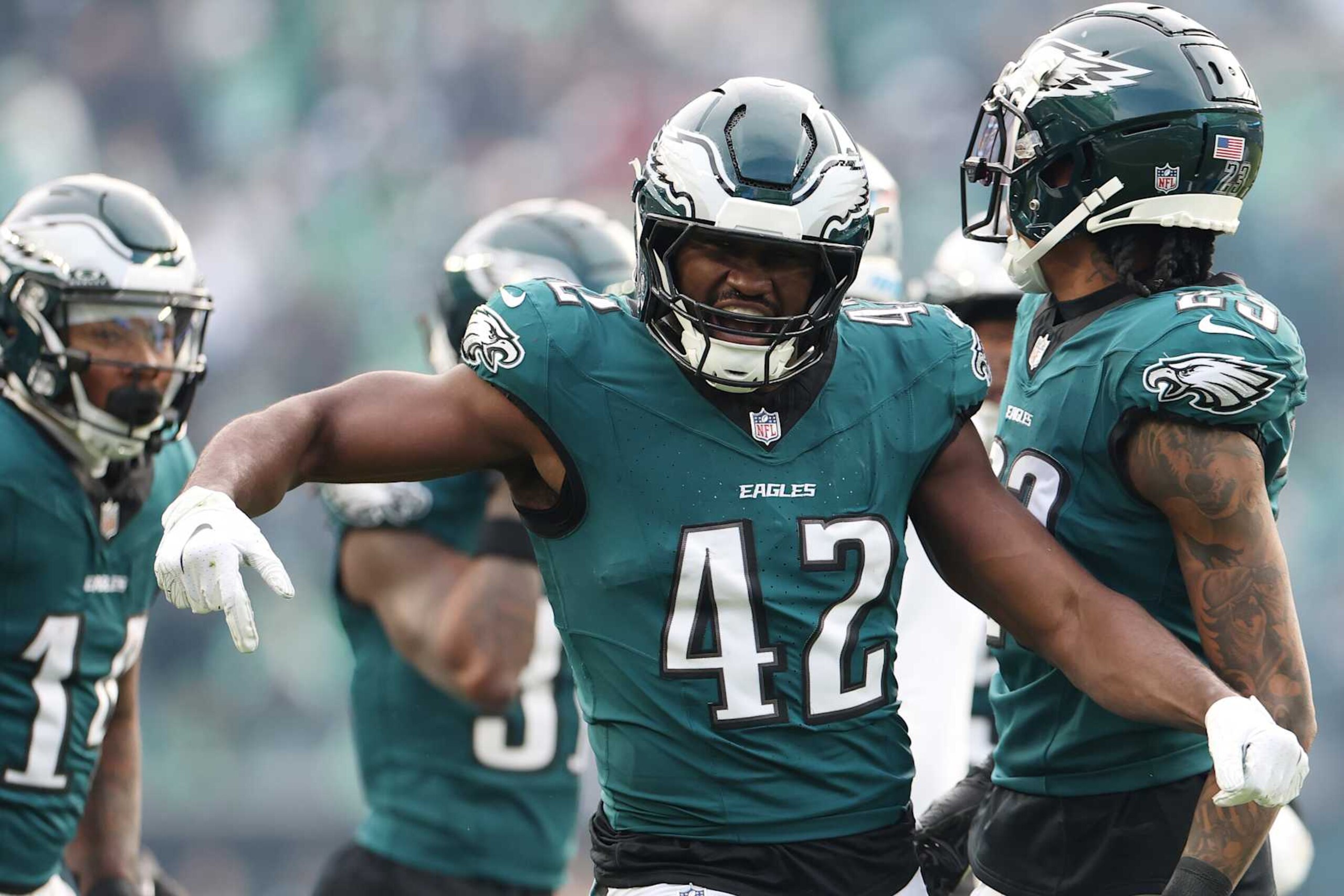 PHILADELPHIA, PENNSYLVANIA - DECEMBER 08: Oren Burks #42 of the Philadelphia Eagles celebrates after a play in the second quarter of a game against the Carolina Panthers at Lincoln Financial Field on December 08, 2024 in Philadelphia, Pennsylvania. (Photo by Emilee Chinn/Getty Images) PHILADELPHIA, PENNSYLVANIA - DECEMBER 08: Oren Burks #42 of the Philadelphia Eagles celebrates after a play in the second quarter of a game against the Carolina Panthers at Lincoln Financial Field on December 08, 2024 in Philadelphia, Pennsylvania. (Photo by Emilee Chinn/Getty Images)