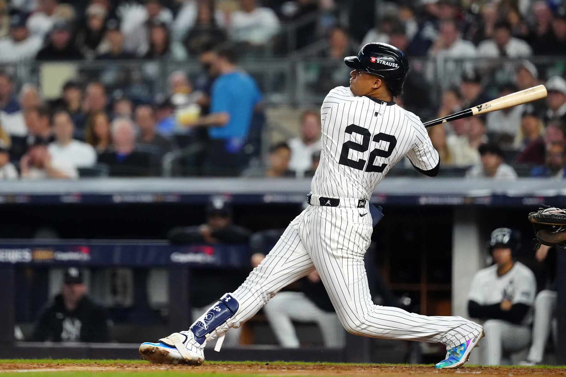 NEW YORK, NY - OCTOBER 30: Juan Soto #22 of the New York Yankees bats during Game 5 of the 2024 World Series presented by Capital One between the Los Angeles Dodgers and the New York Yankees at Yankee Stadium on Wednesday, October 30, 2024 in New York, New York. (Photo by Daniel Shirey/MLB Photos via Getty Images)