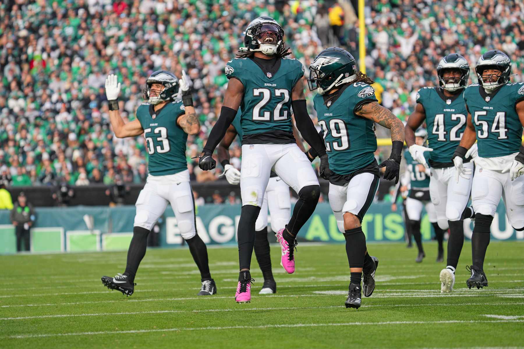 PHILADELPHIA, PA - DECEMBER 08: Philadelphia Eagles cornerback Kelee Ringo (22) celebrates a tackle during the game between the Philadelphia Eagles and the Carolina Panthers on December 08, 2024 at Lincoln Financial Field in Philadelphia, PA. (Photo by Andy Lewis/Icon Sportswire via Getty Images)