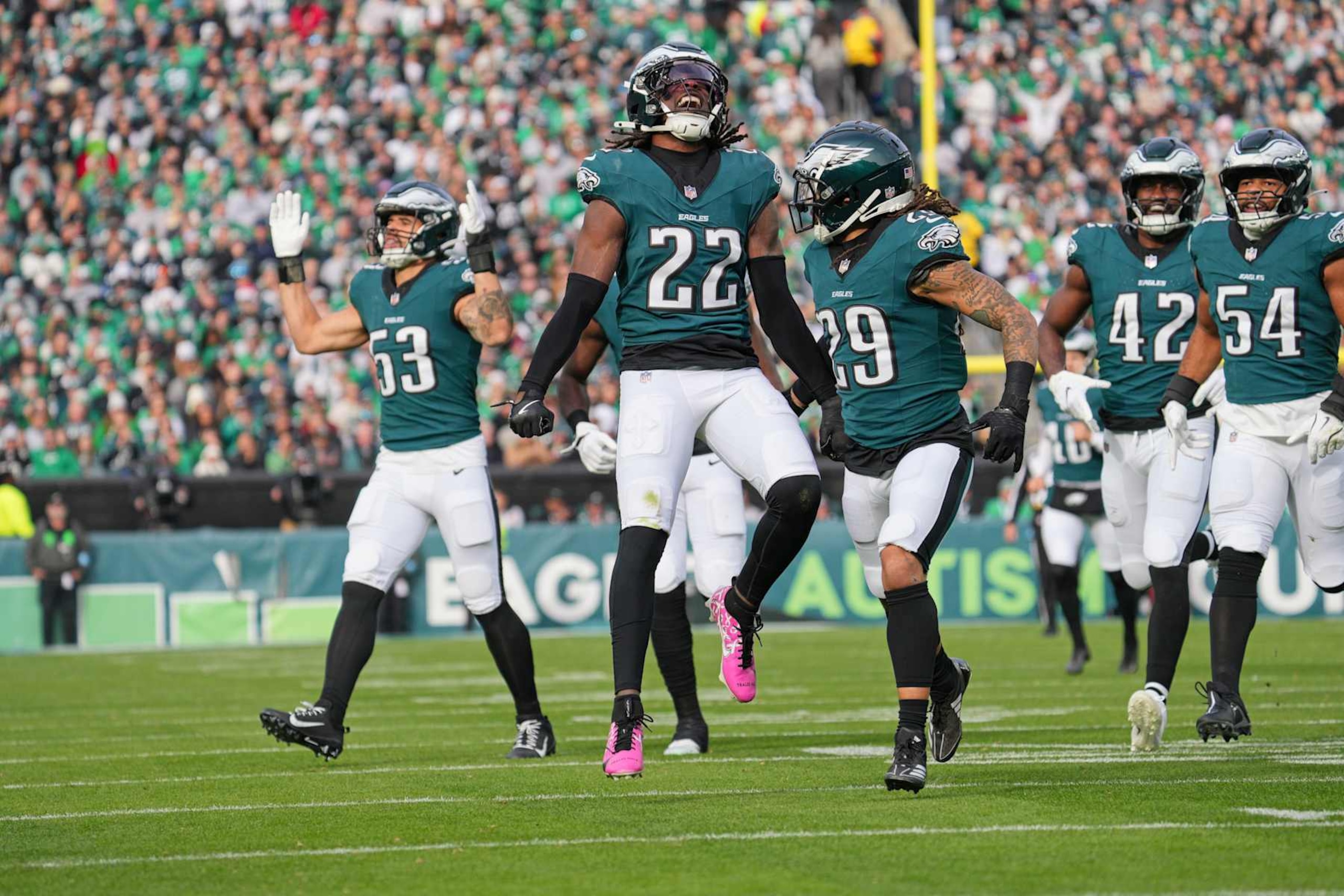 PHILADELPHIA, PA - DECEMBER 08: Philadelphia Eagles cornerback Kelee Ringo (22) celebrates a tackle during the game between the Philadelphia Eagles and the Carolina Panthers on December 08, 2024 at Lincoln Financial Field in Philadelphia, PA. (Photo by Andy Lewis/Icon Sportswire via Getty Images)