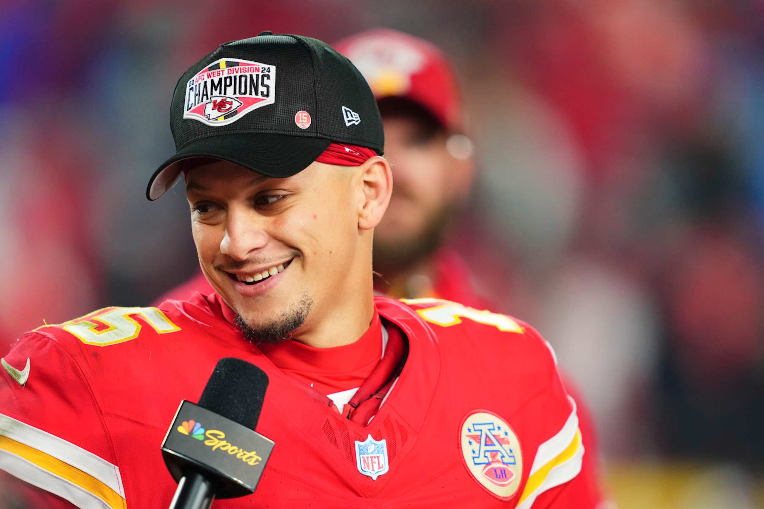 KANSAS CITY, MO - DECEMBER 08: Patrick Mahomes #15 of the Kansas City Chiefs celebrates after defeating the Los Angeles Chargers during an NFL football game at GEHA Field at Arrowhead Stadium on December 8, 2024 in Kansas City, Missouri. (Photo by Cooper Neill/Getty Images)