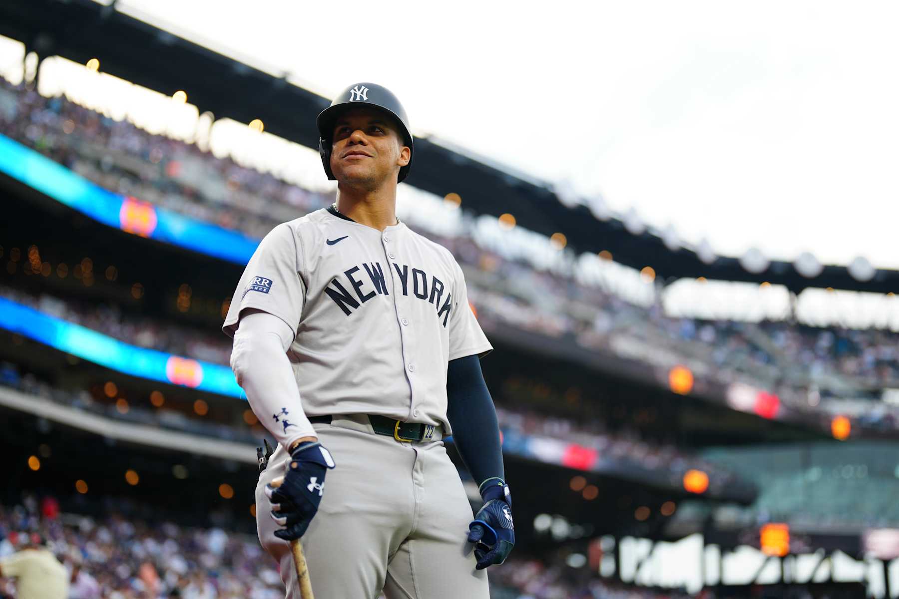 NEW YORK, NY - JUNE 26:   Juan Soto #22 of the New York Yankees looks on prior to batting in the first inning during the game between the New York Yankees and the New York Mets at Citi Field on Wednesday, June 26, 2024 in New York, New York. (Photo by Daniel Shirey/MLB Photos via Getty Images)