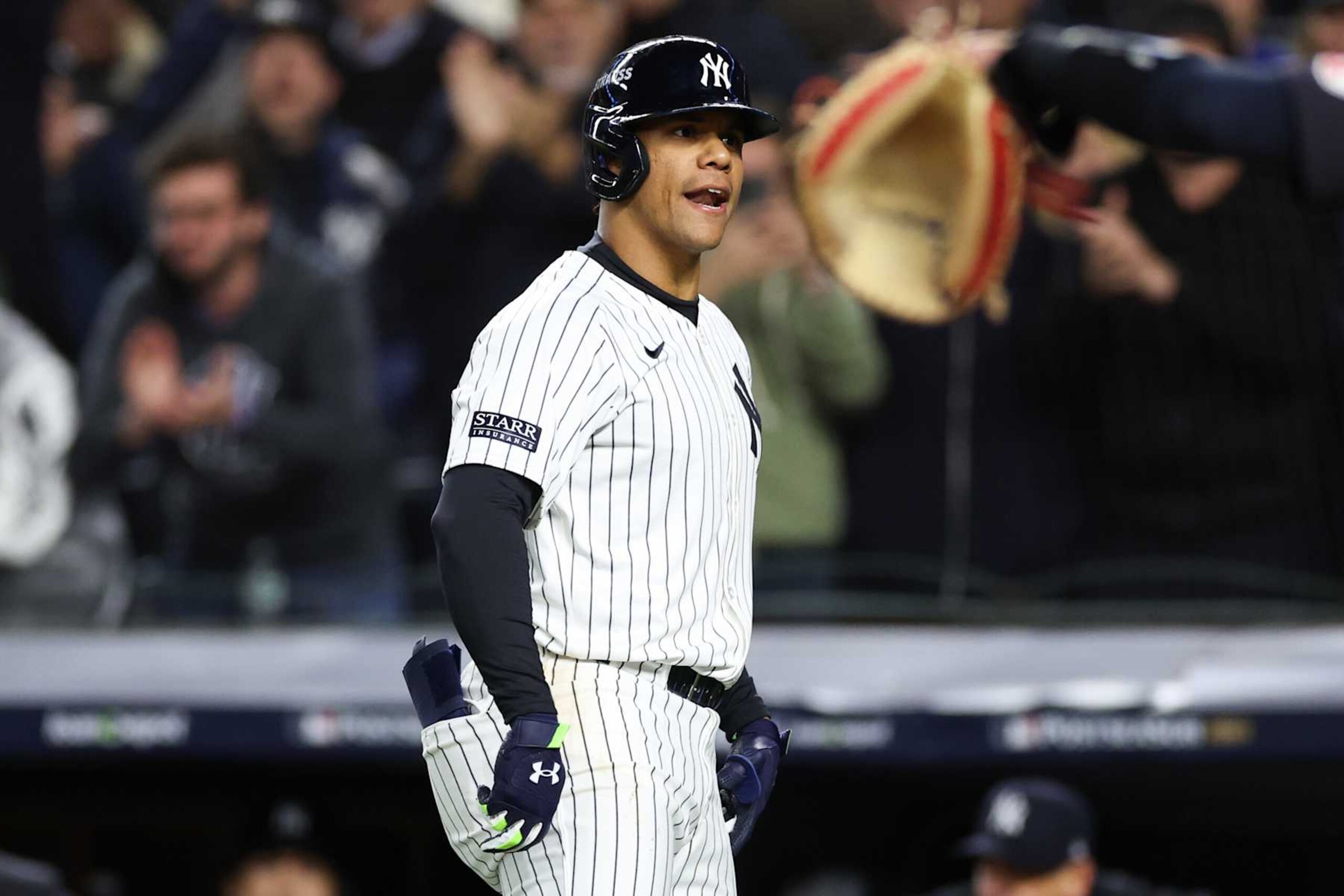 NEW YORK, NEW YORK - OCTOBER 14:  Juan Soto #22 of the New York Yankees reacts after hitting a home run during the 3rd inning of Game One of the American League Championship Series against the Cleveland Guardians at Yankee Stadium on October 14, 2024 in New York City. (Photo by Patrick Smith/Getty Images)