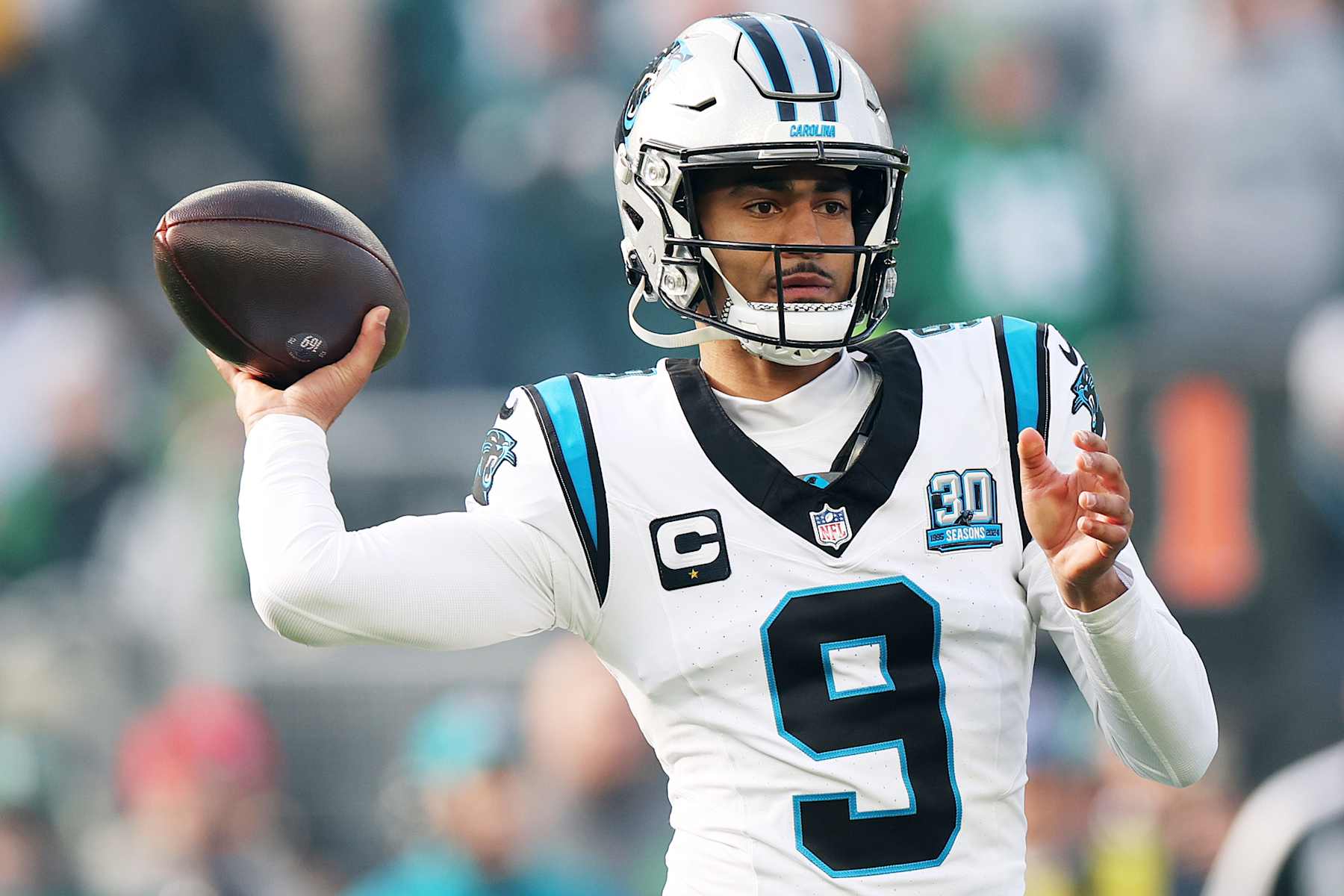 PHILADELPHIA, PENNSYLVANIA - DECEMBER 08: Bryce Young #9 of the Carolina Panthers throws a pass in the first quarter of a game against the Philadelphia Eagles at Lincoln Financial Field on December 08, 2024 in Philadelphia, Pennsylvania. (Photo by Emilee Chinn/Getty Images)