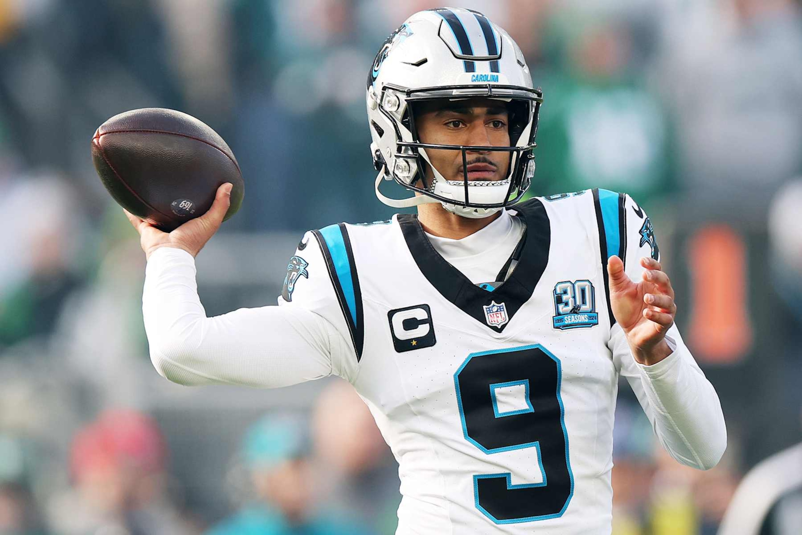 PHILADELPHIA, PENNSYLVANIA - DECEMBER 08: Bryce Young #9 of the Carolina Panthers throws a pass in the first quarter of a game against the Philadelphia Eagles at Lincoln Financial Field on December 08, 2024 in Philadelphia, Pennsylvania. (Photo by Emilee Chinn/Getty Images)