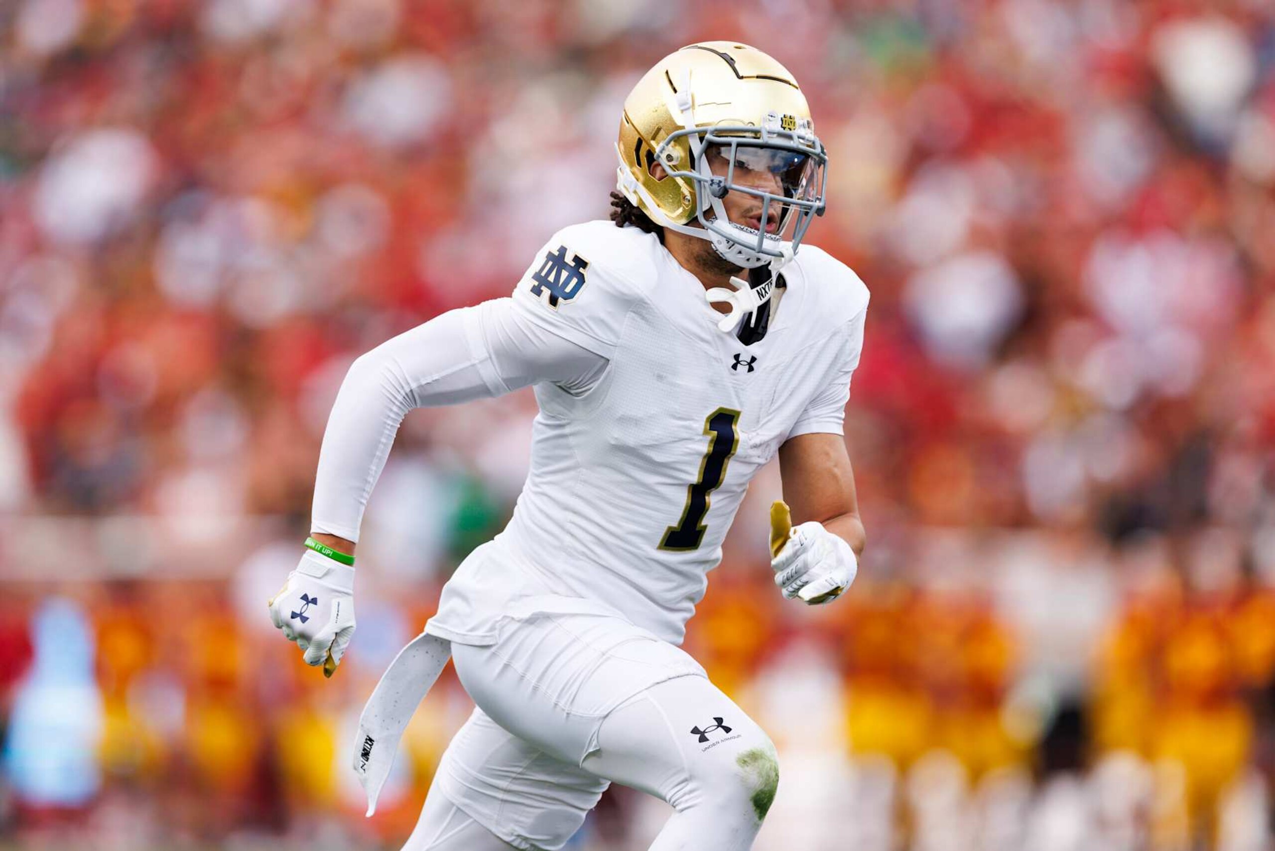 LOS ANGELES, CALIFORNIA - NOVEMBER 30: Jaden Greathouse #1 of the Notre Dame Fighting Irish runs a route during the first half against USC Trojans at United Airlines Field at the Los Angeles Memorial Coliseum on November 30, 2024 in Los Angeles, California. (Photo by Ric Tapia/Getty Images)