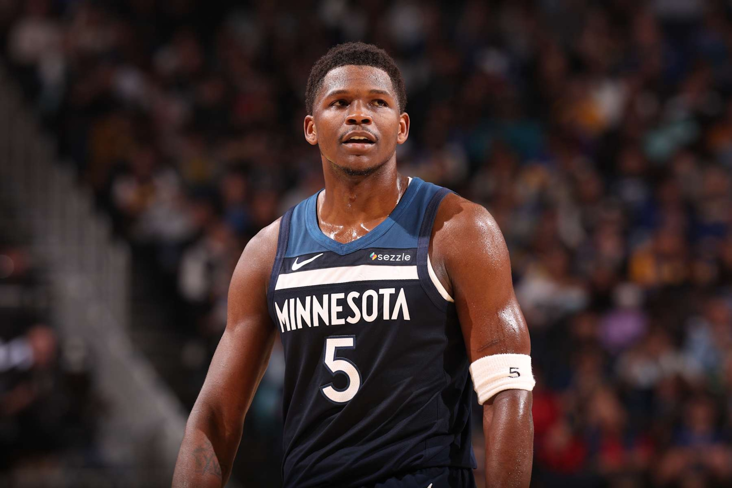 SAN FRANCISCO, CA - DECEMBER 8: Anthony Edwards #5 of the Minnesota Timberwolves looks on during the game against the Golden State Warriors on October 22, 2024 at Chase Center in San Francisco, California. NOTE TO USER: User expressly acknowledges and agrees that, by downloading and or using this photograph, user is consenting to the terms and conditions of Getty Images License Agreement. Mandatory Copyright Notice: Copyright 2024 NBAE (Photo by Jed Jacobsohn/NBAE via Getty Images) SAN FRANCISCO, CA - DECEMBER 8: Anthony Edwards #5 of the Minnesota Timberwolves looks on during the game against the Golden State Warriors on October 22, 2024 at Chase Center in San Francisco, California. NOTE TO USER: User expressly acknowledges and agrees that, by downloading and or using this photograph, user is consenting to the terms and conditions of Getty Images License Agreement. Mandatory Copyright Notice: Copyright 2024 NBAE (Photo by Jed Jacobsohn/NBAE via Getty Images)