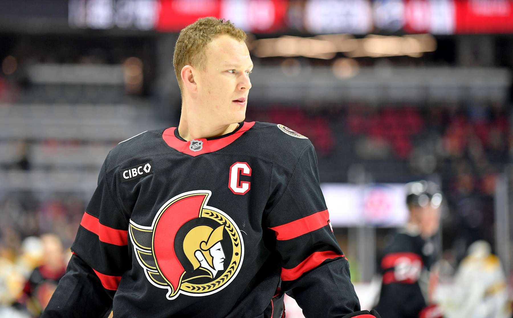 OTTAWA, ONTARIO - DECEMBER 07: Brady Tkachuk #7 of the Ottawa Senators takes part in warm-up prior to game against n at Canadian Tire Centre on December 07, 2024 in Ottawa, Ontario. (Photo by Troy Parla/Getty Images)