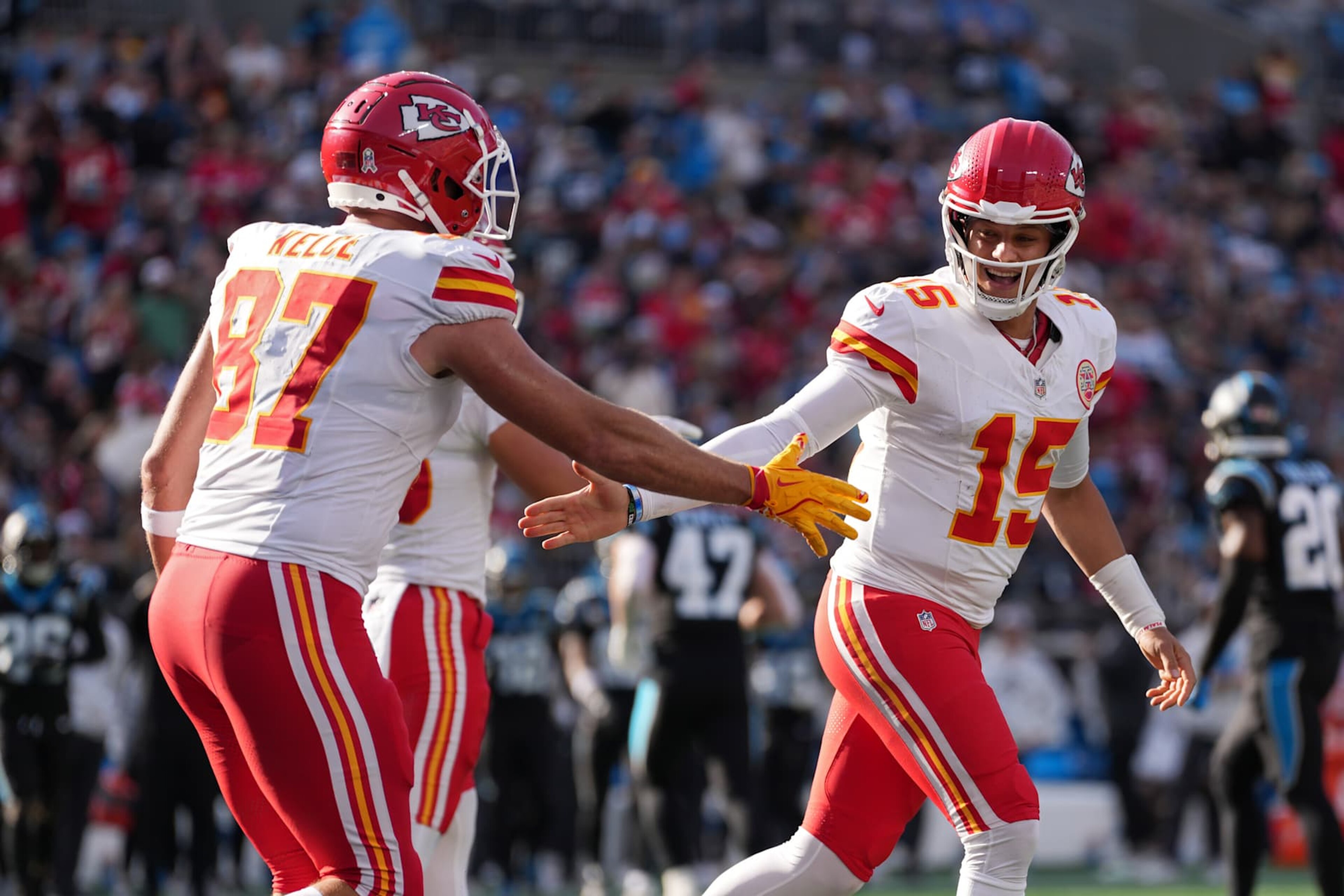 CHARLOTTE, NORTH CAROLINA - NOVEMBER 24: Patrick Mahomes #15 celebrates with Travis Kelce #87 of the Kansas City Chiefs after a second quarter touchdown at Bank of America Stadium on November 24, 2024 in Charlotte, North Carolina. (Photo by Grant Halverson/Getty Images) CHARLOTTE, NORTH CAROLINA - NOVEMBER 24: Patrick Mahomes #15 celebrates with Travis Kelce #87 of the Kansas City Chiefs after a second quarter touchdown at Bank of America Stadium on November 24, 2024 in Charlotte, North Carolina. (Photo by Grant Halverson/Getty Images)