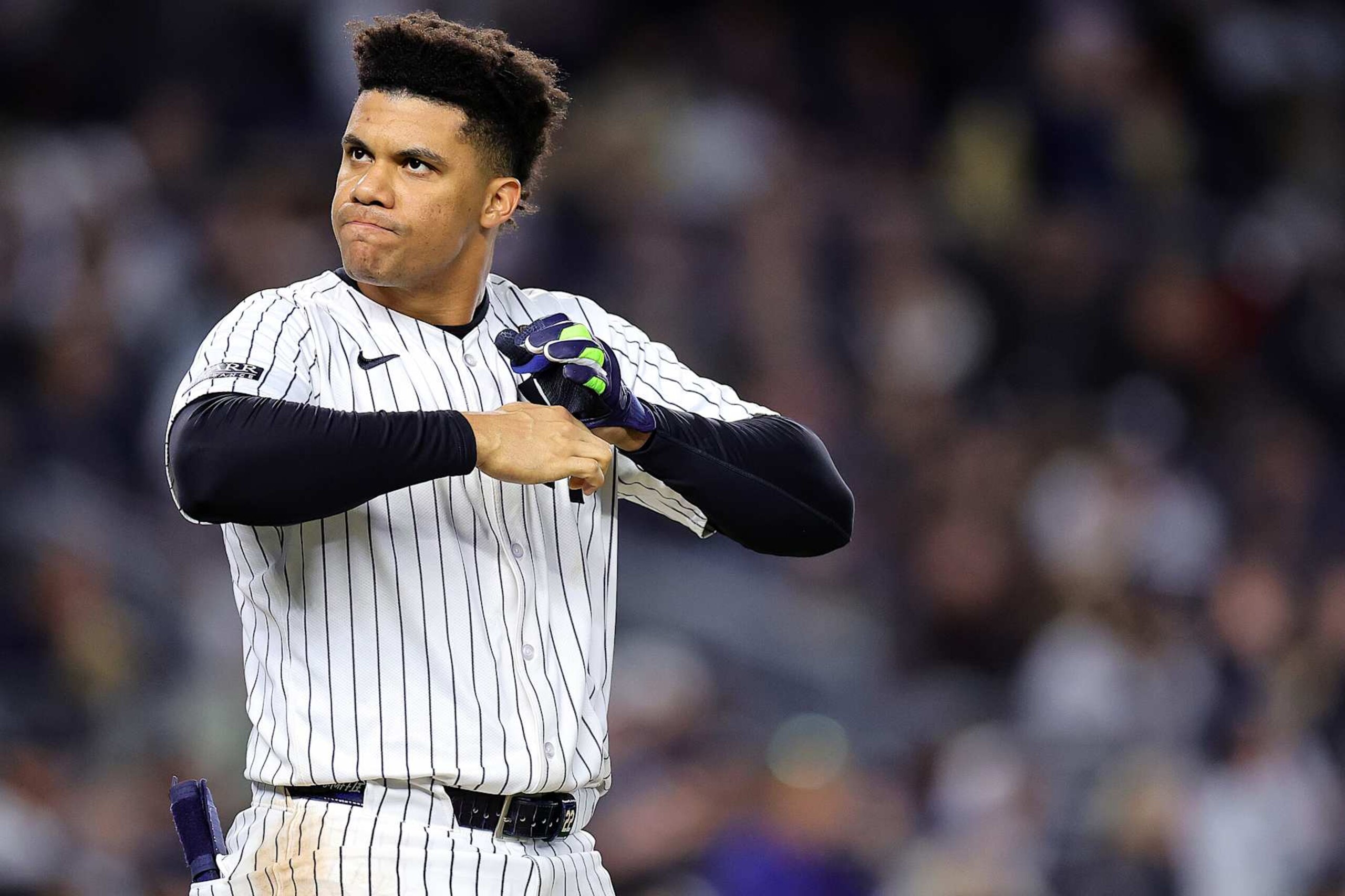 NEW YORK, NEW YORK - OCTOBER 28: Juan Soto #22 of the New York Yankees reacts after grounding out against the Los Angeles Dodgers in the third inning during Game Three of the 2024 World Series at Yankee Stadium on October 28, 2024 in the Bronx borough of New York City. (Photo by Alex Slitz/Getty Images) NEW YORK, NEW YORK - OCTOBER 28: Juan Soto #22 of the New York Yankees reacts after grounding out against the Los Angeles Dodgers in the third inning during Game Three of the 2024 World Series at Yankee Stadium on October 28, 2024 in the Bronx borough of New York City. (Photo by Alex Slitz/Getty Images)