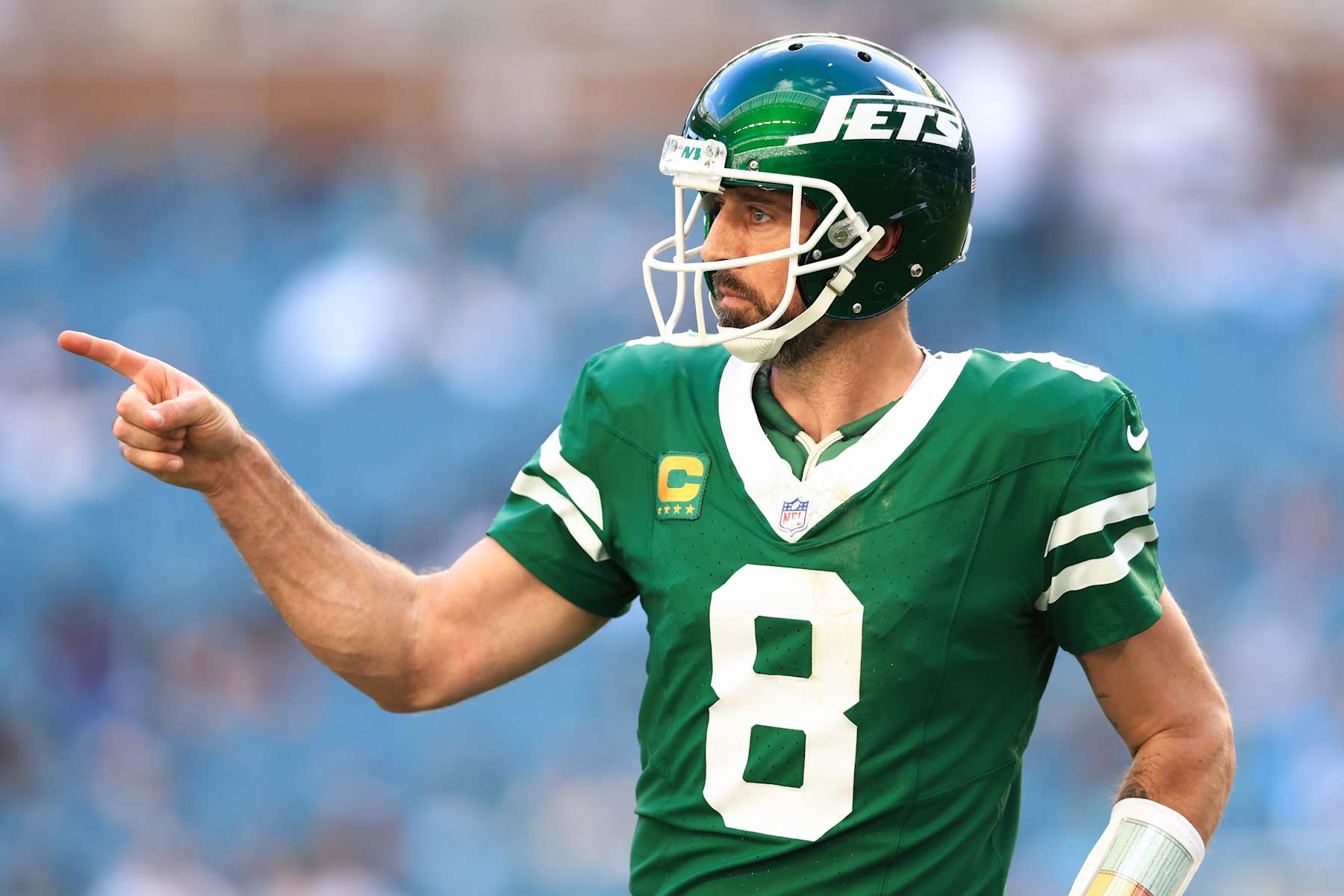 MIAMI GARDENS, FLORIDA - DECEMBER 08: Aaron Rodgers #8 of the New York Jets celebrates a touchdown against the Miami Dolphins during the third quarter of the game at Hard Rock Stadium on December 08, 2024 in Miami Gardens, Florida. (Photo by Megan Briggs/Getty Images)