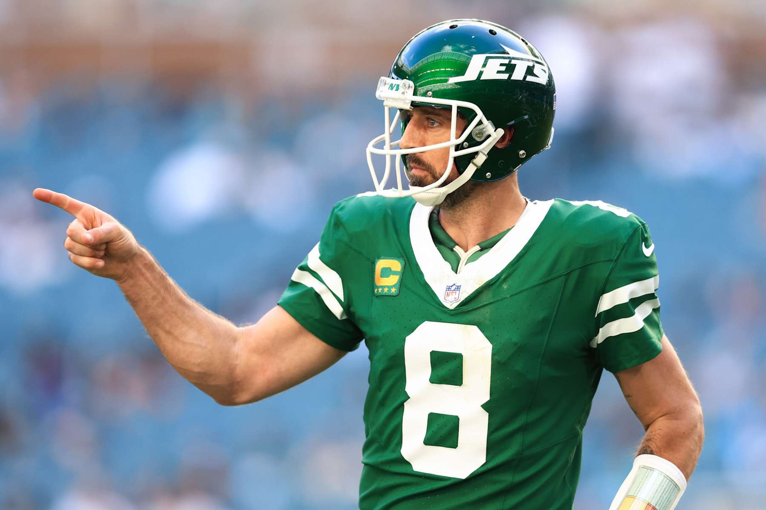 MIAMI GARDENS, FLORIDA - DECEMBER 08: Aaron Rodgers #8 of the New York Jets celebrates a touchdown against the Miami Dolphins during the third quarter of the game at Hard Rock Stadium on December 08, 2024 in Miami Gardens, Florida. (Photo by Megan Briggs/Getty Images)