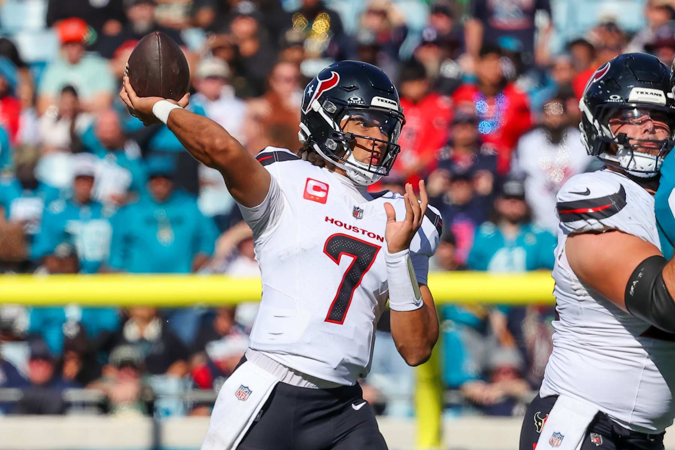 JACKSONVILLE, FLORIDA - DECEMBER 1: C.J. Stroud #7 of the Houston Texans throws against the Jacksonville Jaguars at EverBank Field on December 1, 2024 in Jacksonville, Florida. (Photo by Mike Carlson/Getty Images)