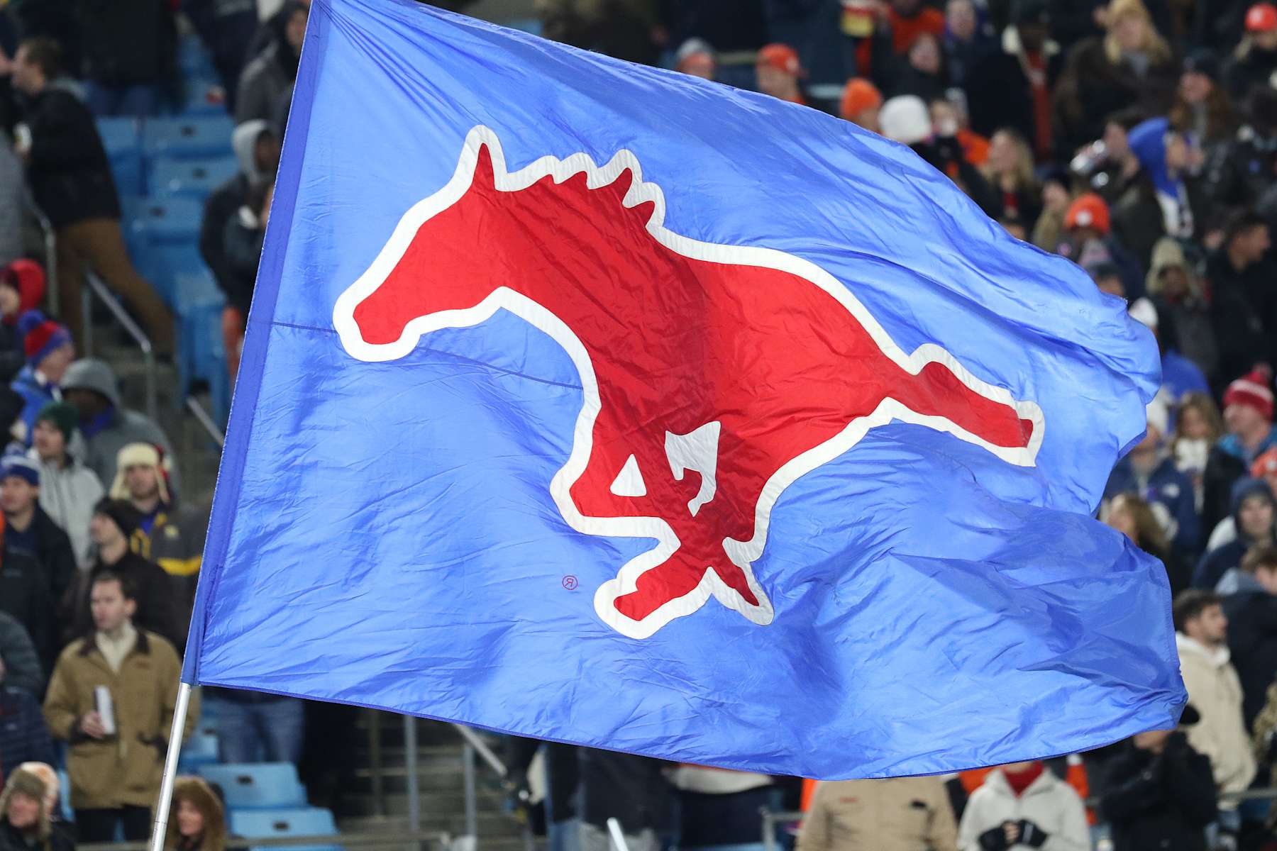 CHARLOTTE, NC - DECEMBER 07: SMU flag during the ACC championship football game between the SMU Mustangs and the Clemson Tigers on December 7, 2024 at Bank of America Stadium in Charlotte N.C. (Photo by John Byrum/Icon Sportswire via Getty Images)