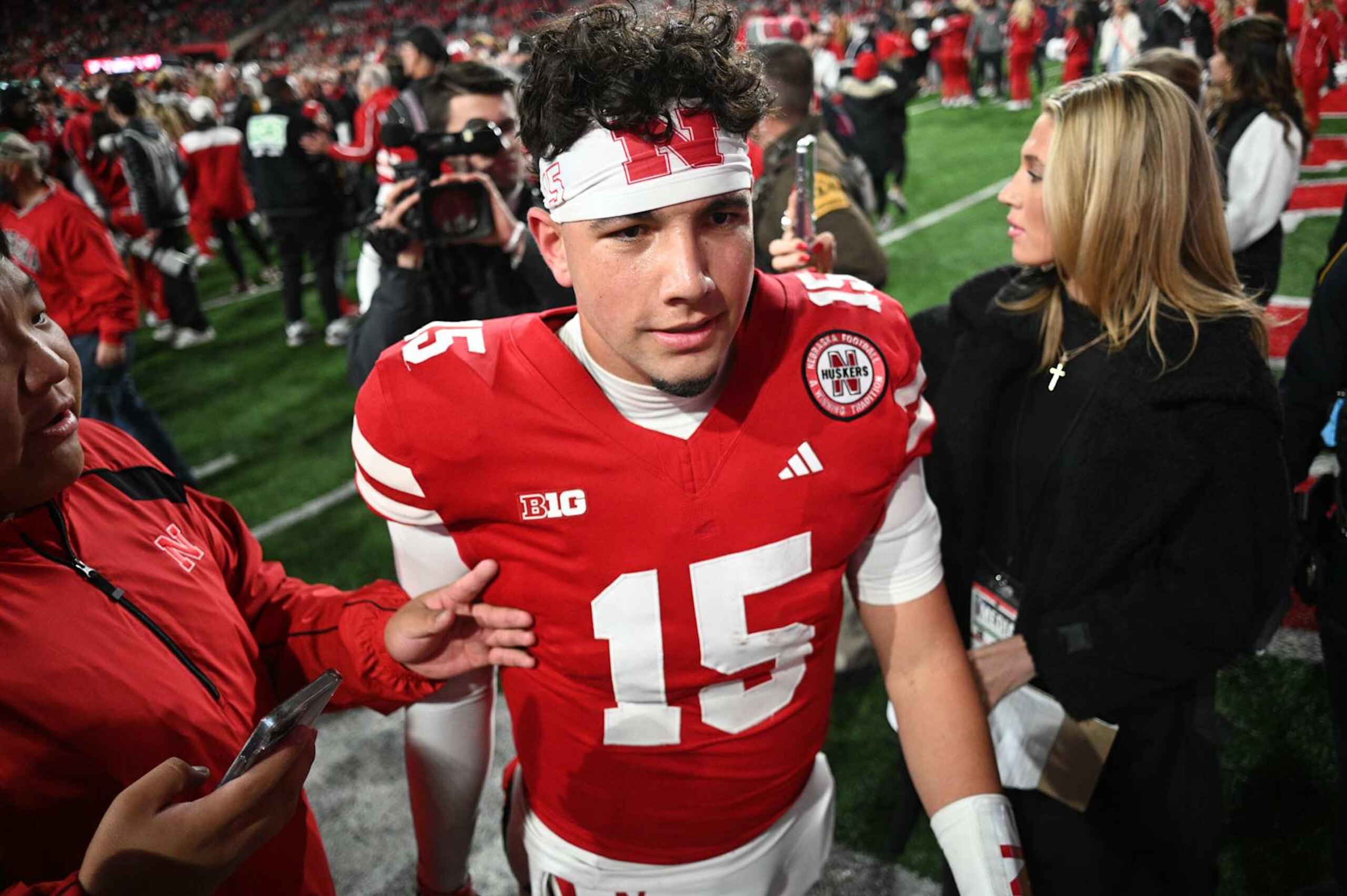 LINCOLN, NEBRASKA - NOVEMBER 23: Dylan Raiola #15 of the Nebraska Cornhuskers celebrates after the win against the Wisconsin Badgers at Memorial Stadium on November 23, 2024 in Lincoln, Nebraska. (Photo by Steven Branscombe/Getty Images) LINCOLN, NEBRASKA - NOVEMBER 23: Dylan Raiola #15 of the Nebraska Cornhuskers celebrates after the win against the Wisconsin Badgers at Memorial Stadium on November 23, 2024 in Lincoln, Nebraska. (Photo by Steven Branscombe/Getty Images)