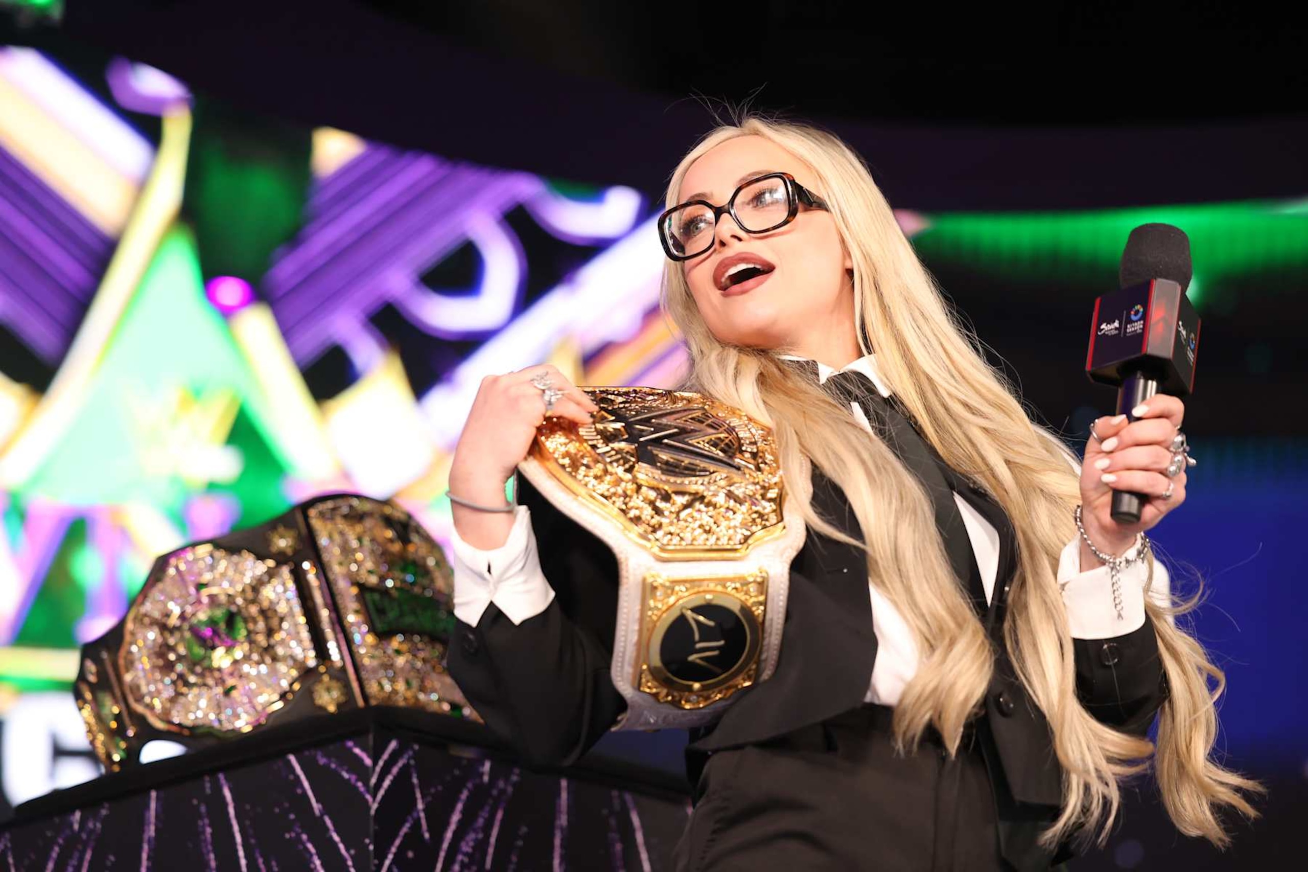 RIYADH, SAUDI ARABIA - NOVEMBER 1: Liv Morgan looks on during Crown Jewel Kickoff at Mohammed Abdo Arena on November 1, 2024 in Riyadh, Saudi Arabia.  (Photo by WWE/Getty Images)