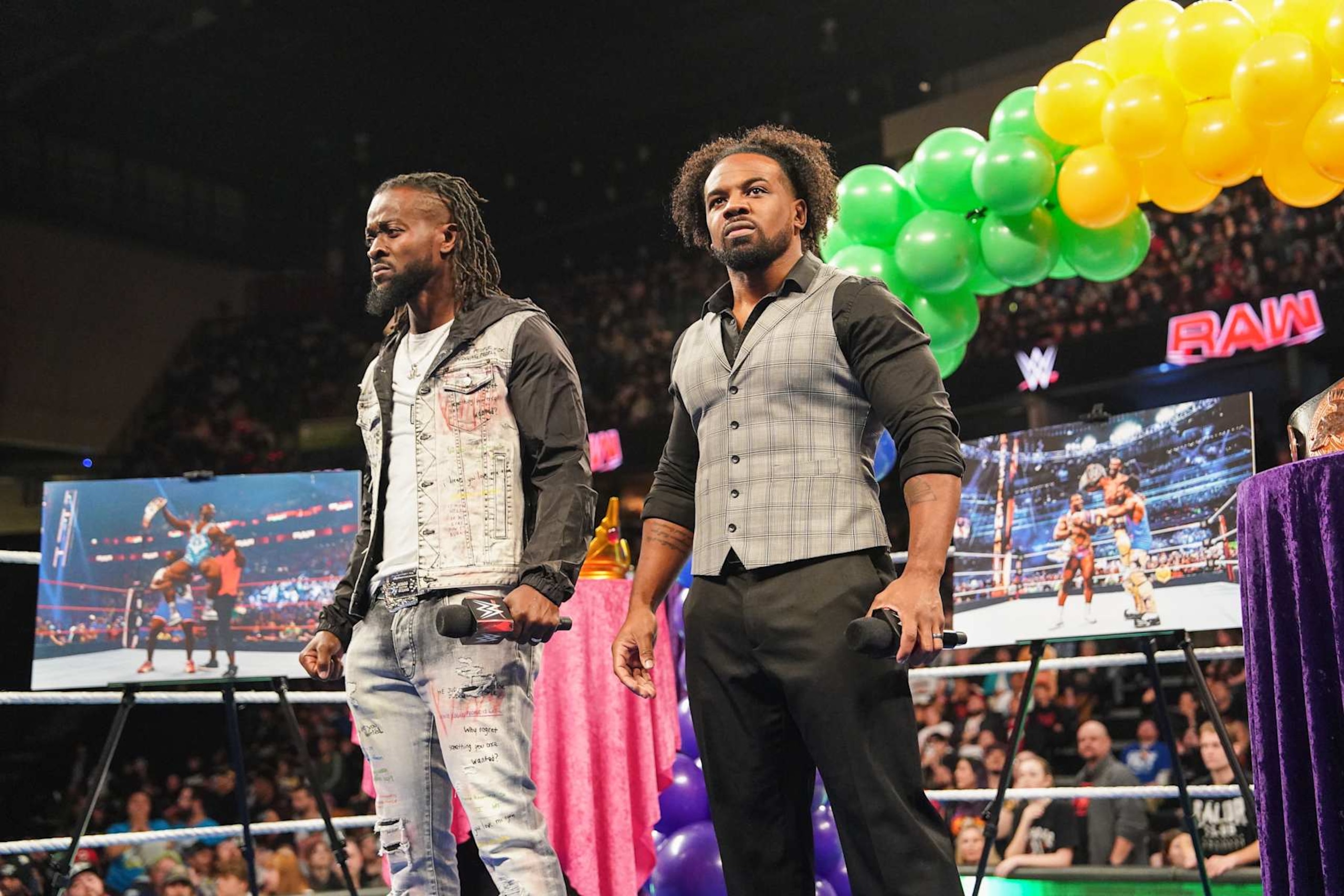 EVERETT, WASHINGTON - DECEMBER 2: Kofi Kingston and Xavier Woods of the New Day look on during Monday Night RAW at Angel of the Winds Arena on December 2, 2024 in Everett, Washington.  (Photo by WWE/Getty Images)