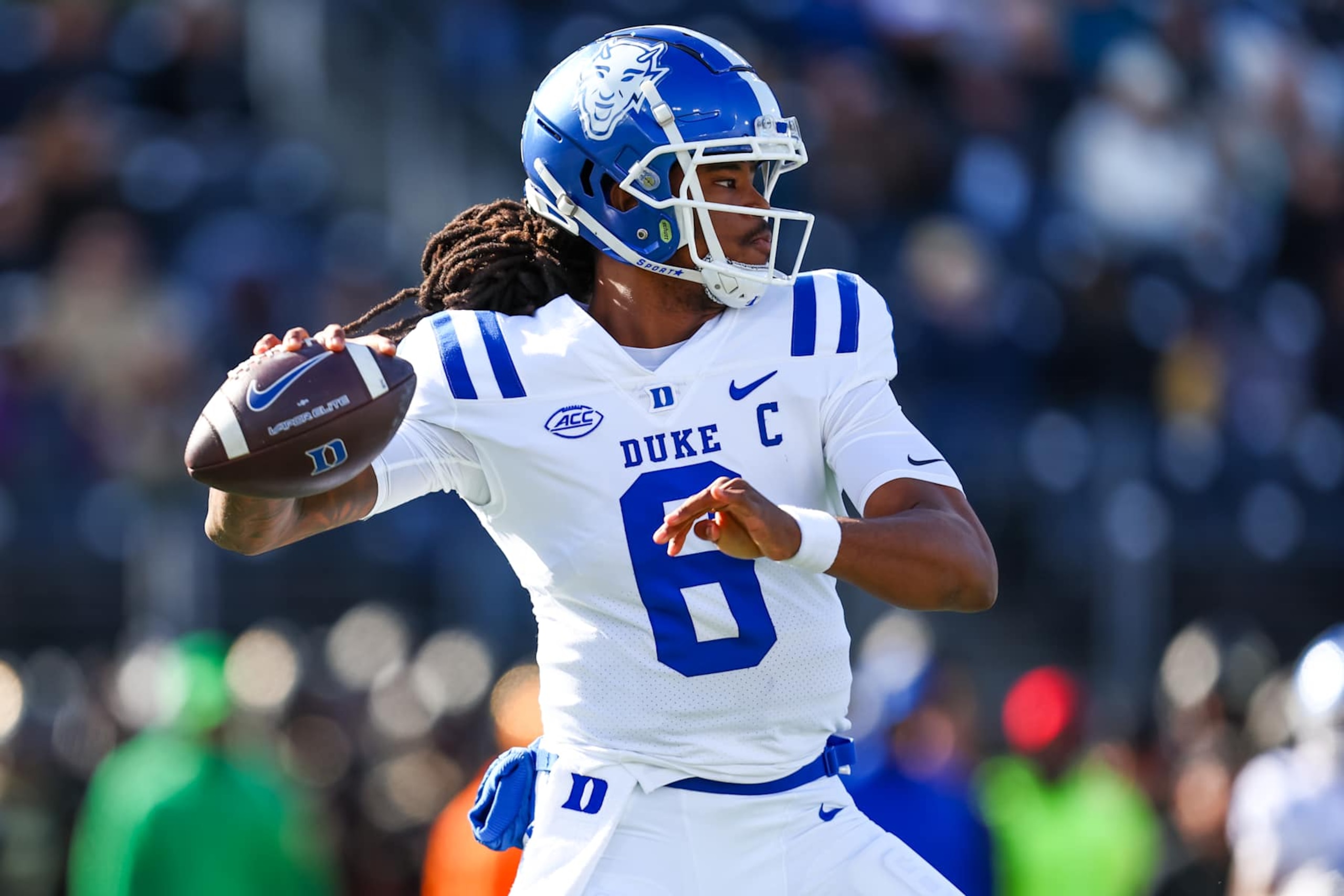 WINSTON-SALEM, NORTH CAROLINA - NOVEMBER 30: Maalik Murphy #6 of the Duke Blue Devils looks to pass the ball during the first half of a football game against the Wake Forest Demon Deacons at Allegacy Federal Credit Union Stadium on November 30, 2024 in Winston-Salem, North Carolina. (Photo by David Jensen/Getty Images)