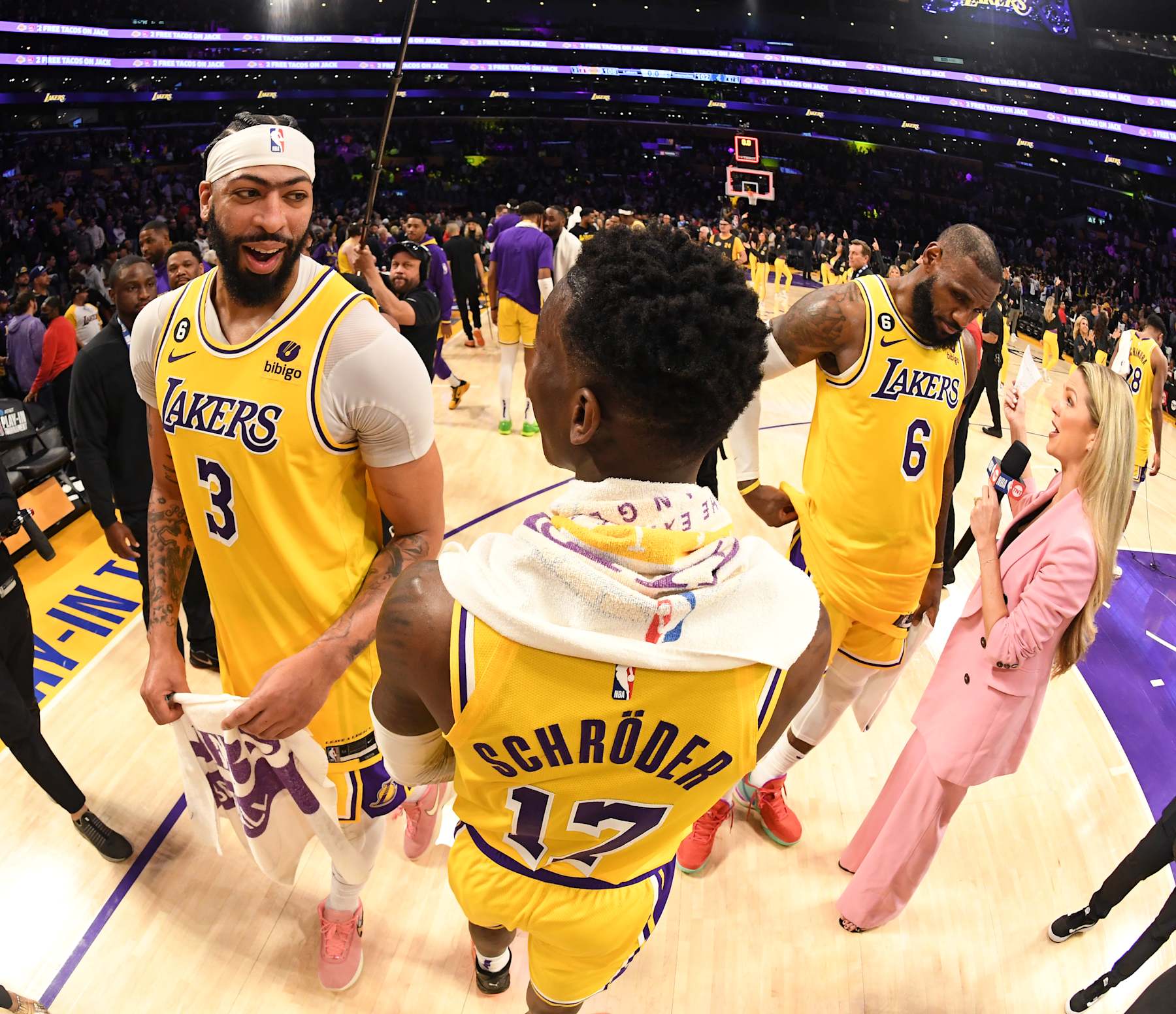 LOS ANGELES, CA - APRIL 11: Anthony Davis #3, Dennis Schroder #17, LeBron James #6 of the Los Angeles Lakers talk to the media during the 2023 Play-In Tournament on April 11, 2023 at Crypto.Com Arena in Los Angeles, California. NOTE TO USER: User expressly acknowledges and agrees that, by downloading and/or using this Photograph, user is consenting to the terms and conditions of the Getty Images License Agreement. Mandatory Copyright Notice: Copyright 2023 NBAE (Photo by Andrew D. Bernstein/NBAE via Getty Images)