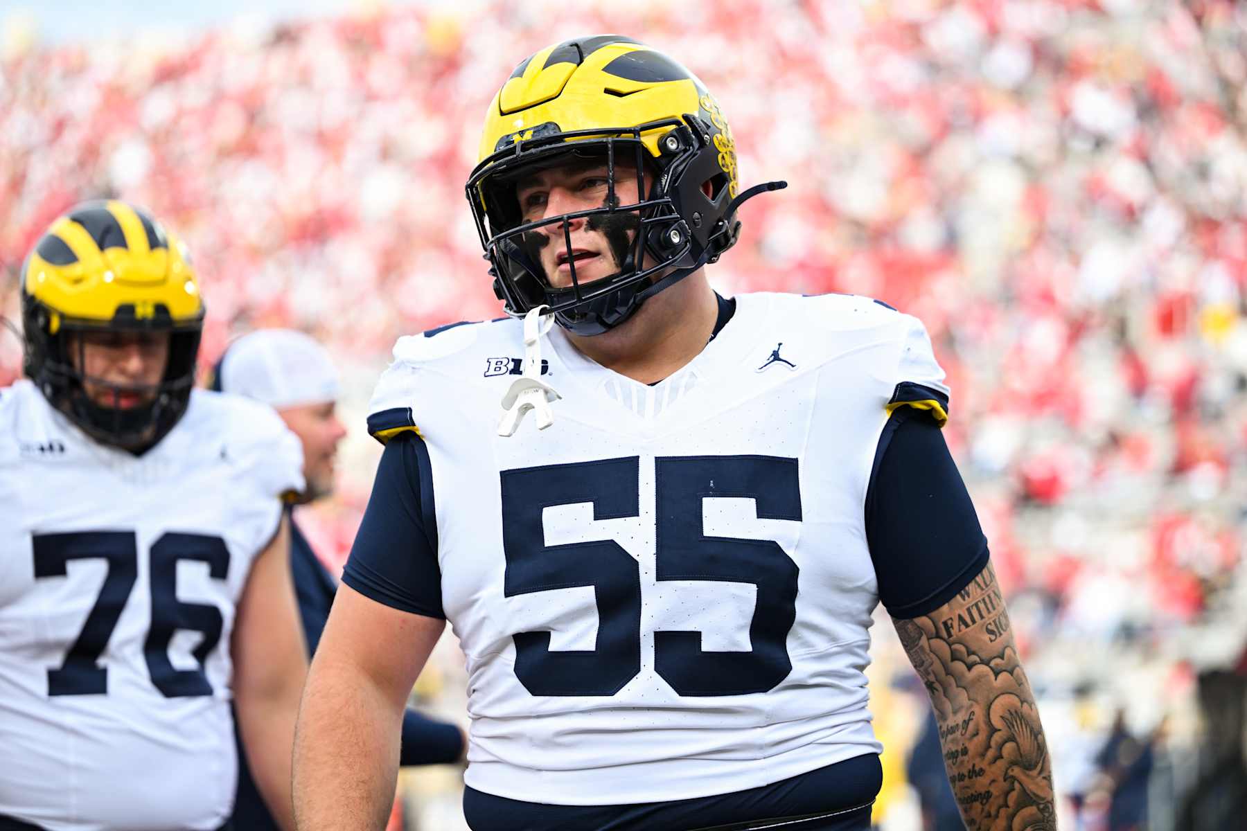 BLOOMINGTON, IN - NOVEMBER 09: Michigan Wolverines DL Mason Graham (55) warms up prior to a college football game between the Michigan Wolverines and Indiana Hoosiers on November 9, 2024 at Memorial Stadium in Bloomington, IN (Photo by James Black/Icon Sportswire via Getty Images)