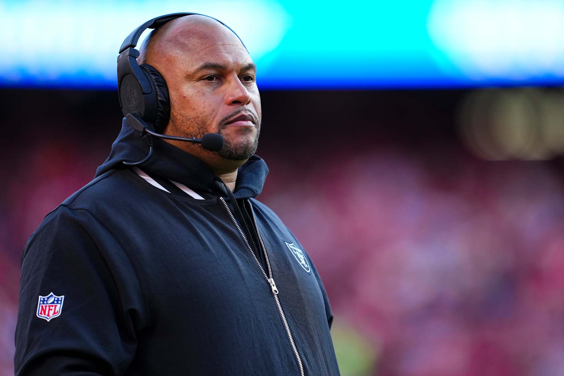 KANSAS CITY, MO - NOVEMBER 29: Las Vegas Raiders head coach Antonio Pierce looks on from the sideline during an NFL football game against the Kansas City Chiefs at GEHA Field at Arrowhead Stadium on November 29, 2024 in Kansas City, Missouri. (Photo by Cooper Neill/Getty Images)