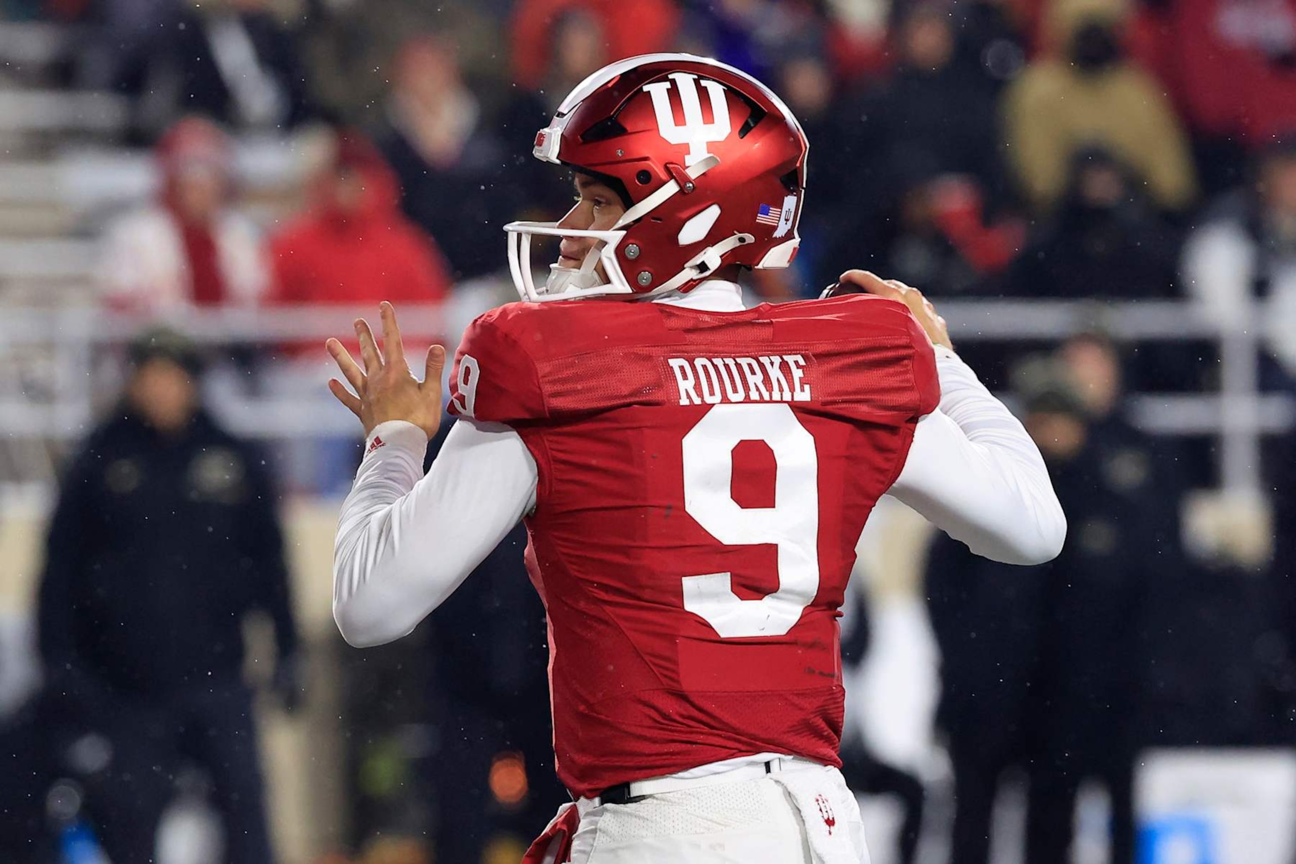 BLOOMINGTON, INDIANA - NOVEMBER 30: Kurtis Rourke #9 of the Indiana Hoosiers throws a pass against the Purdue Boilermakers at Memorial Stadium on November 30, 2024 in Bloomington, Indiana. (Photo by Justin Casterline/Getty Images)