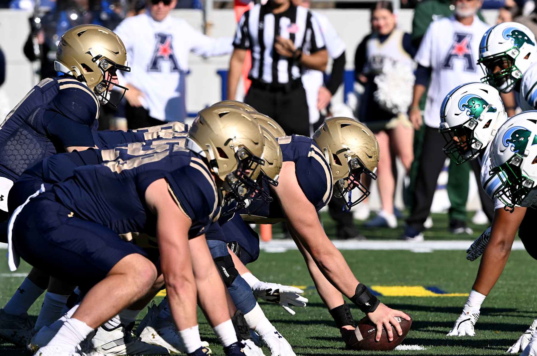 ANNAPOLIS, MARYLAND - NOVEMBER 16: The Navy Midshipmen line up against the Tulane Green Wave at Navy-Marine Corps Memorial Stadium on November 16, 2024 in Annapolis, Maryland. (Photo by G Fiume/Getty Images)