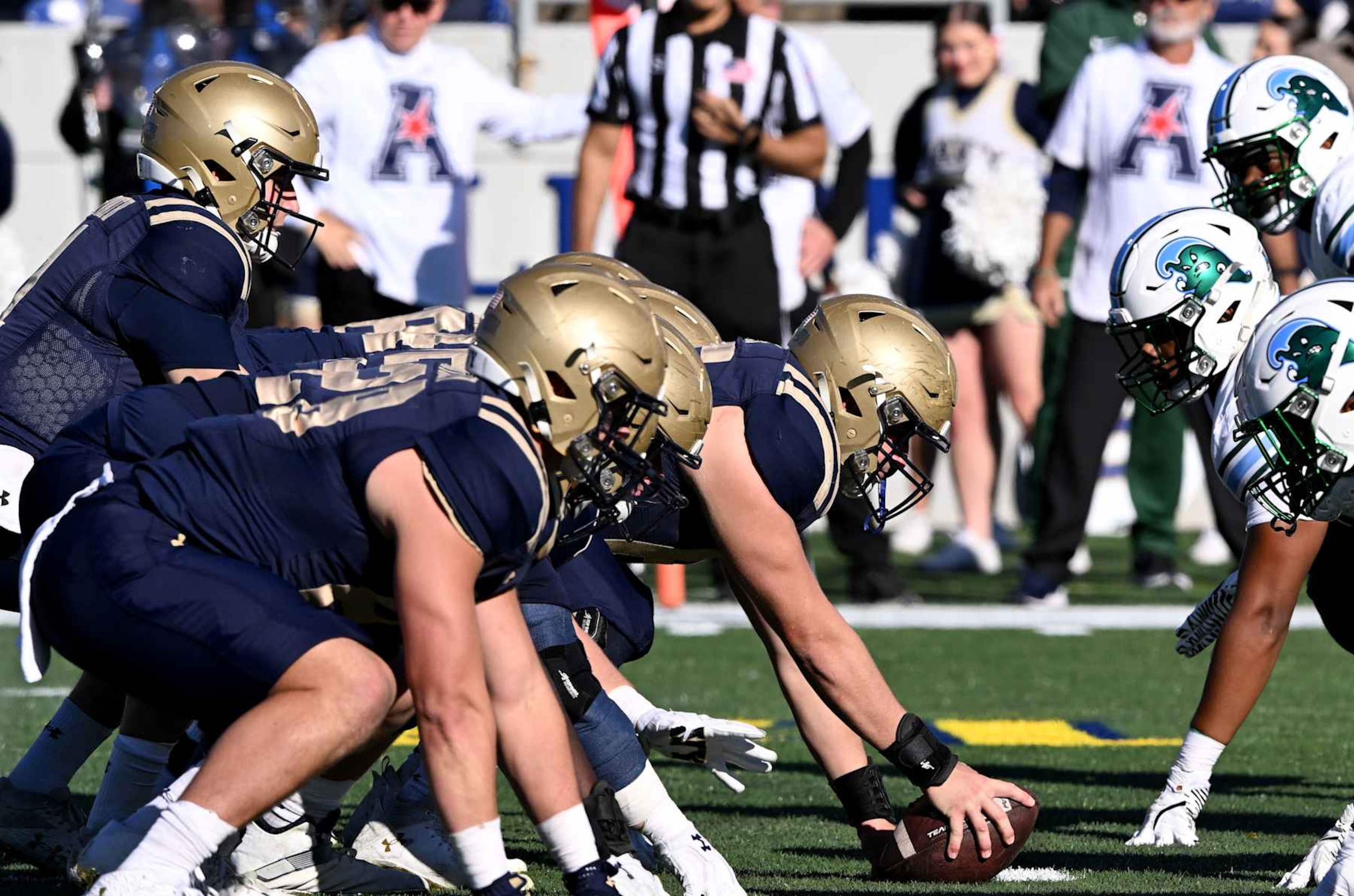 ANNAPOLIS, MARYLAND - NOVEMBER 16: The Navy Midshipmen line up against the Tulane Green Wave at Navy-Marine Corps Memorial Stadium on November 16, 2024 in Annapolis, Maryland. (Photo by G Fiume/Getty Images)